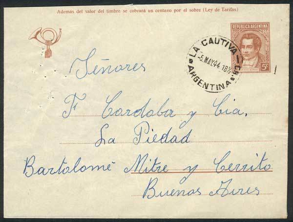 ARGENTINA 5c. PS Cover Sent To Buenos Aires On 5/MAY/1944, With Rare Cancel Of - Andere & Zonder Classificatie