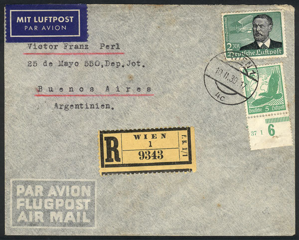 AUSTRIA Registered Cover Sent From Wien To Buenos Aires On 10/NO/1939 Franked W - Andere & Zonder Classificatie