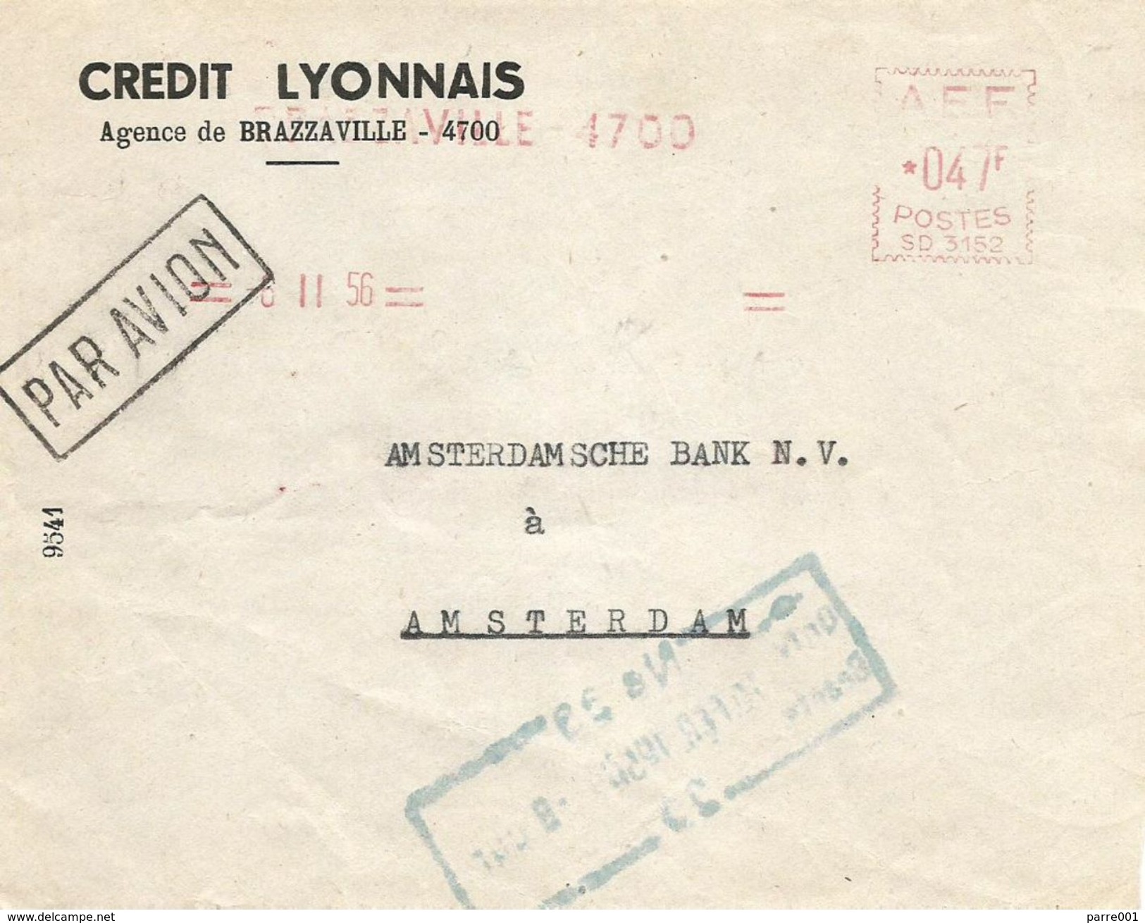 Congo AEF 1956 Brazzaville Credit Lyonnais Satas &ldquo;SD&rdquo; 3152 EMA Meter Cover - Covers & Documents