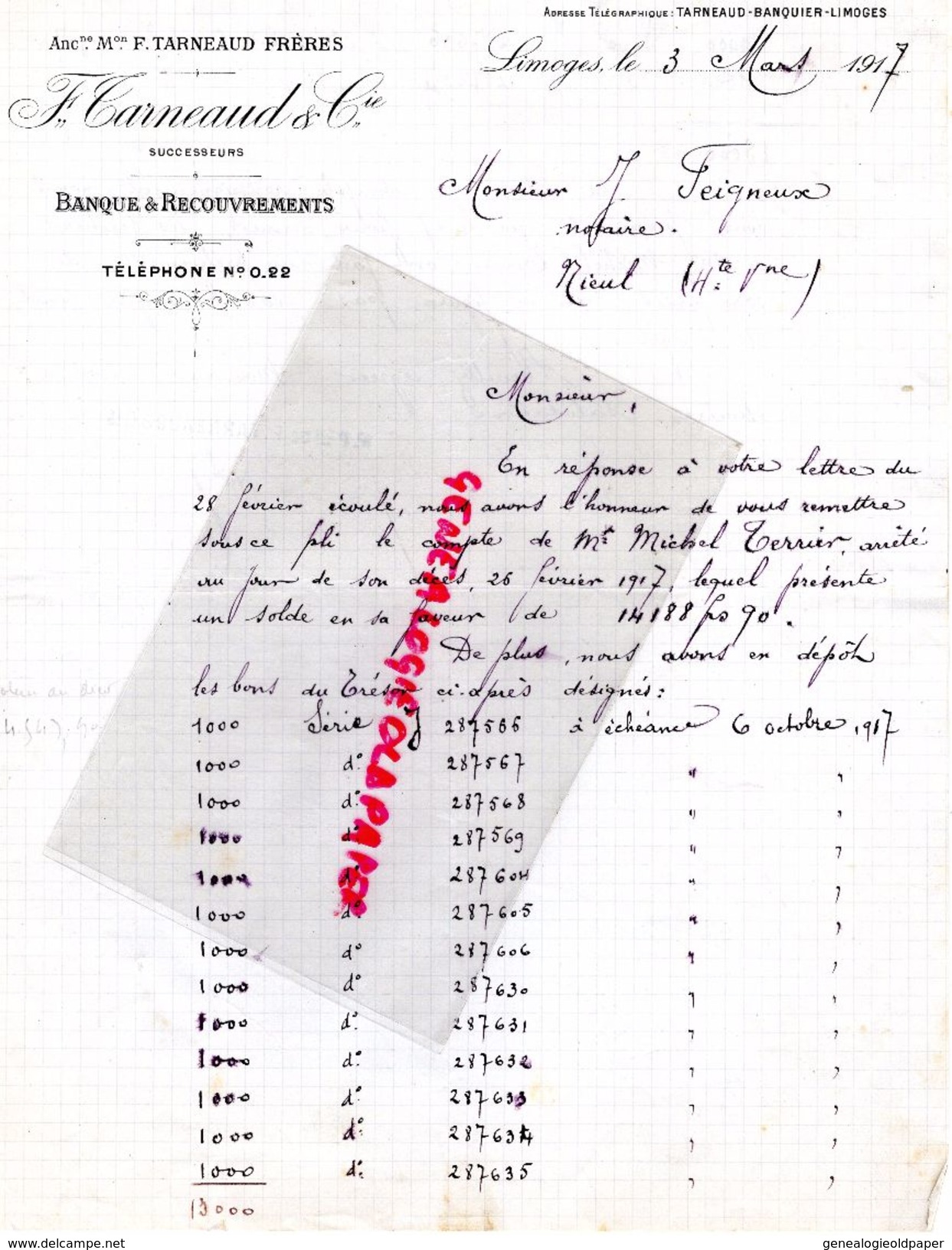 87 - LIMOGES - LETTRE MANUSCRITE F. TARNEAUD- BANQUE RECOUVREMENTS-MICHEL TERRIER-  M. FEIGNEUX NOTAIRE A NIEUL-1917 - Bank & Insurance