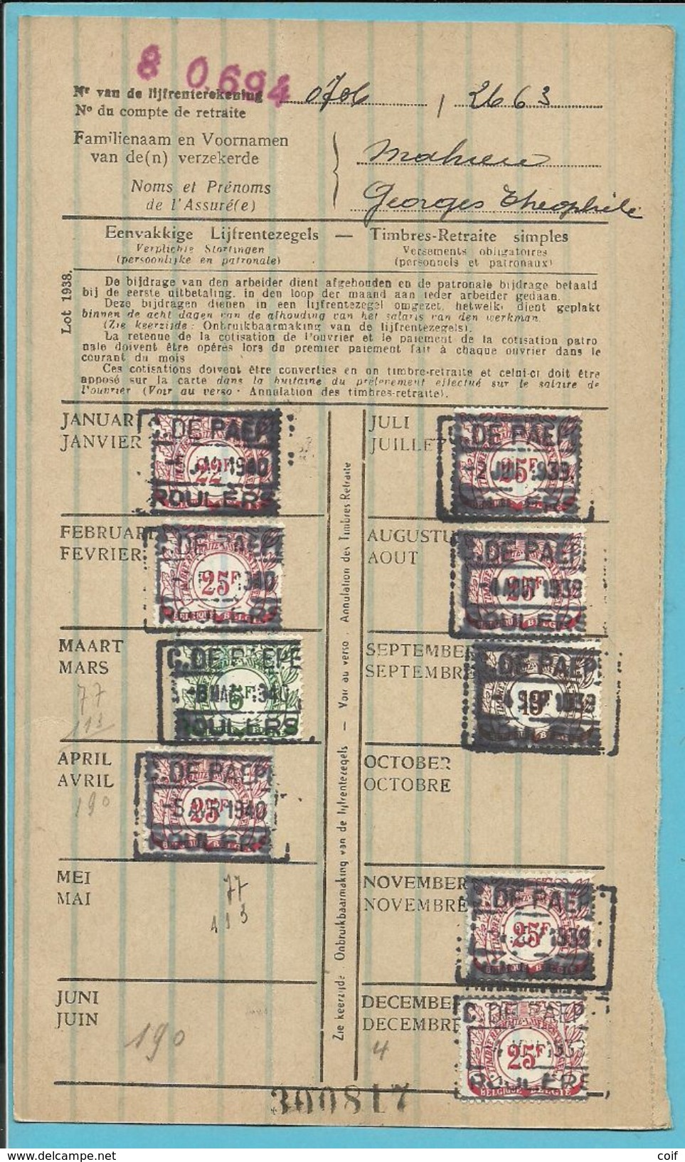 Dokument Met Zegels LIJFRENTEZEGEL / Timbres De Retraite Met Privestempel DE PAEPE / ROESELARE 1939-40 - Documents