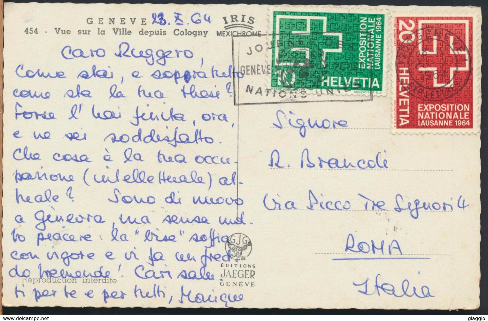 °°° 6904 - SVIZZERA - GE - GENEVE - VUE SUR LE VILLE DEPUIS COLOGNY - 1964 With Stamps °°° - Cologny