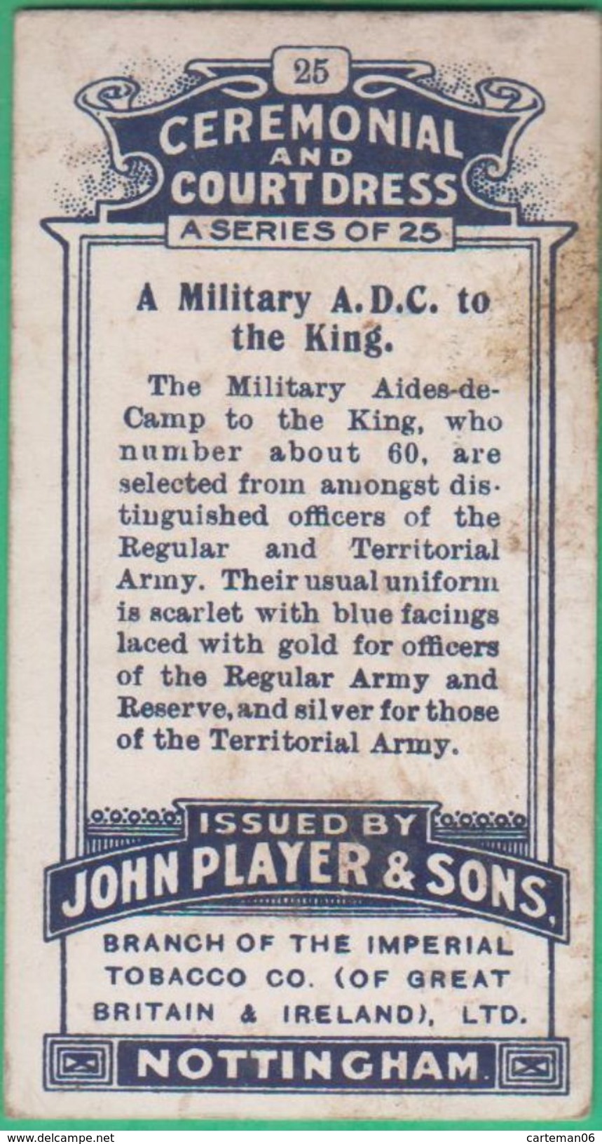 Chromo John Player & Sons, Player's Cigarettes, Ceremonial And Court Dress - A Military A.D.C. To The King N°25 - Player's