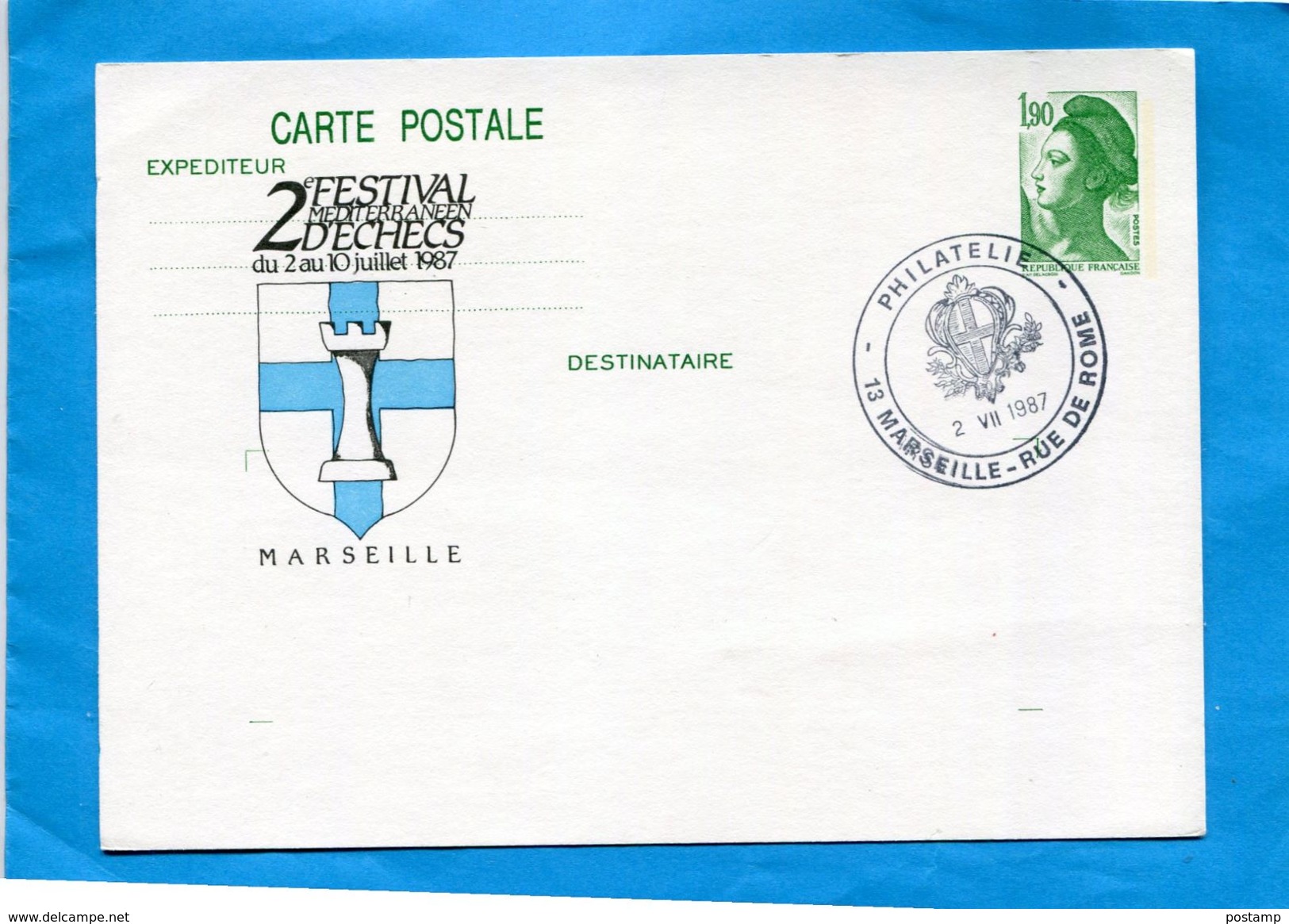 Carte Entier Postal 1.90fr Liberté De Gandon-repiquage-MARSEILLE-"2°festival D'échecs-1987-" - AK Mit Aufdruck (vor 1995)