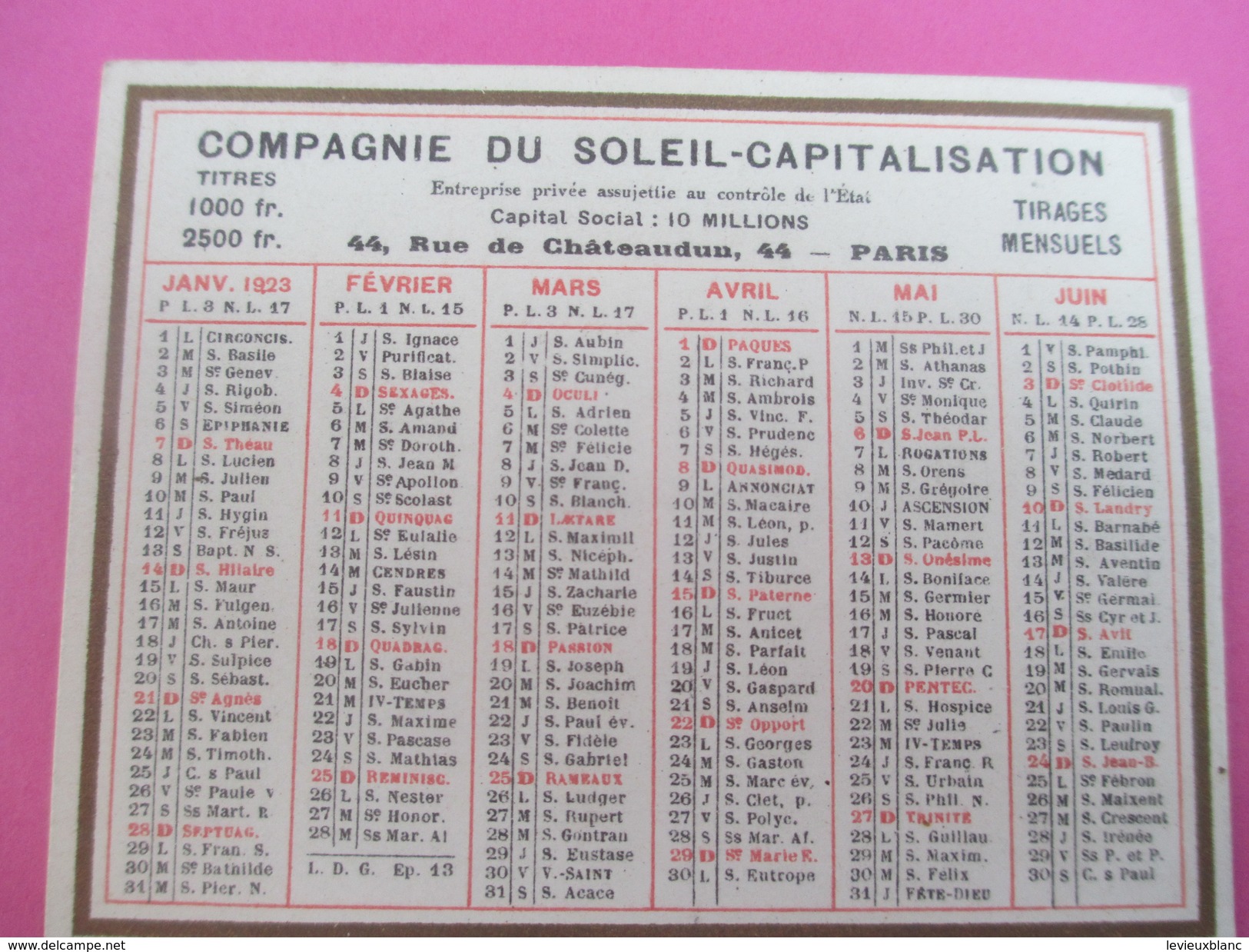 Petit Calendrier De Poche Recto-Verso/Compagnie Du Soleil-Capitalisation/Rue Châteaudun /Paris /1923     CAL363 - Small : 1921-40