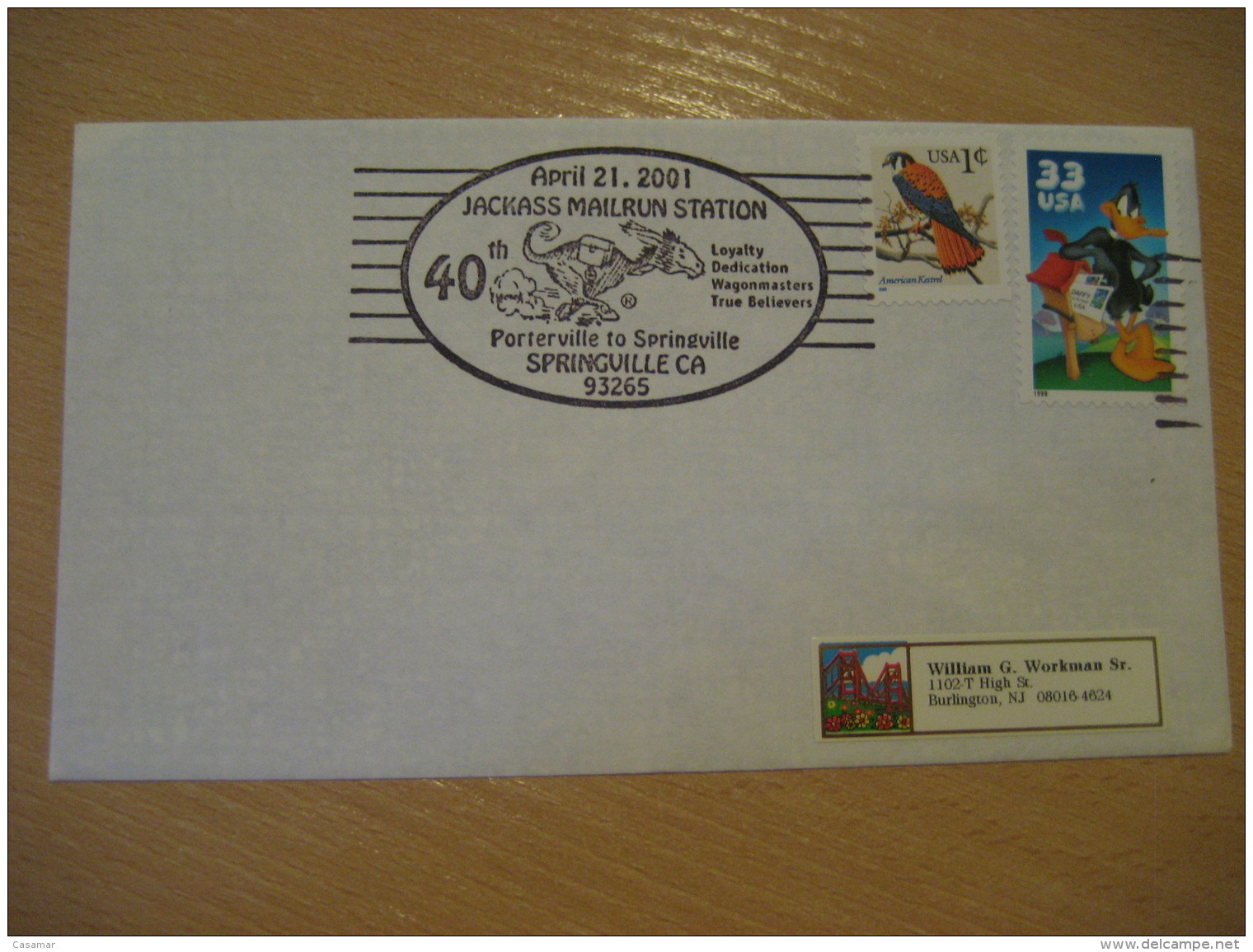 MAILRUN Porterville To Springville 2001 Cancel Cover USA Donkey Donkeys Horse - Esel