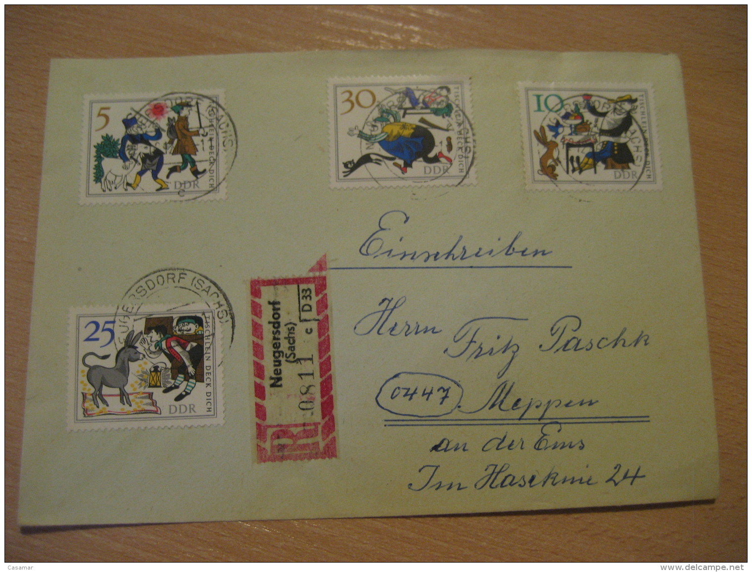 Tischlein Deck Dich NEUGERSDORF 1966 Stamp On Registered Cover DDR GERMANY Donkey Donkeys Horse - Esel