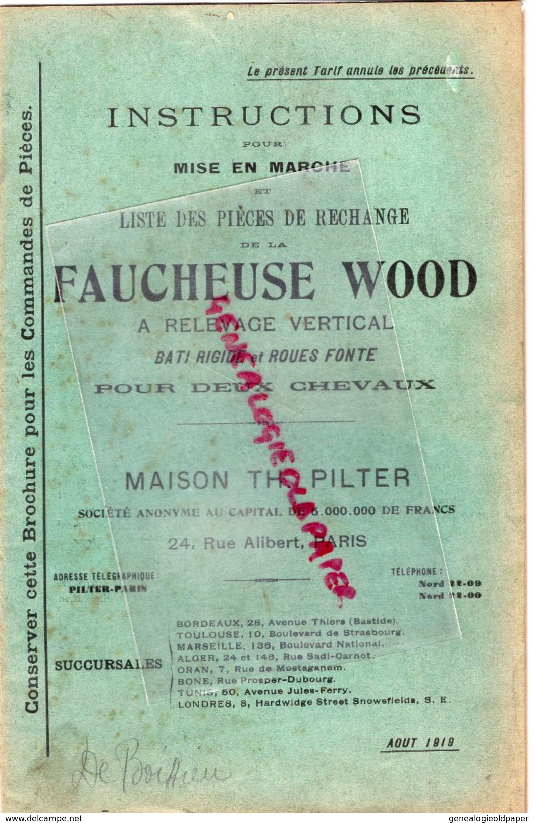 CATALOGUE INSTRUCTIONS LISTE PIECES RECHANGE FAUCHEUSE WOOD RELEVAGE VERTICAL 2 CV-PILTER PARIS-TRACTEUR AGRICULTURE - Agriculture