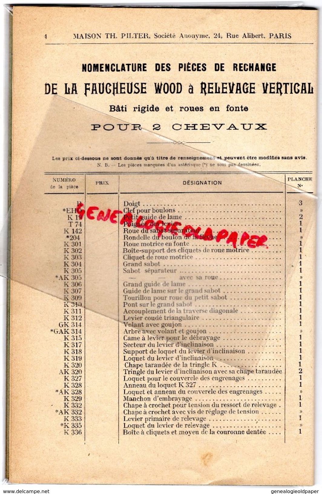 CATALOGUE INSTRUCTIONS LISTE PIECES RECHANGE FAUCHEUSE WOOD RELEVAGE VERTICAL 2 CV-PILTER PARIS-TRACTEUR AGRICULTURE - Agriculture