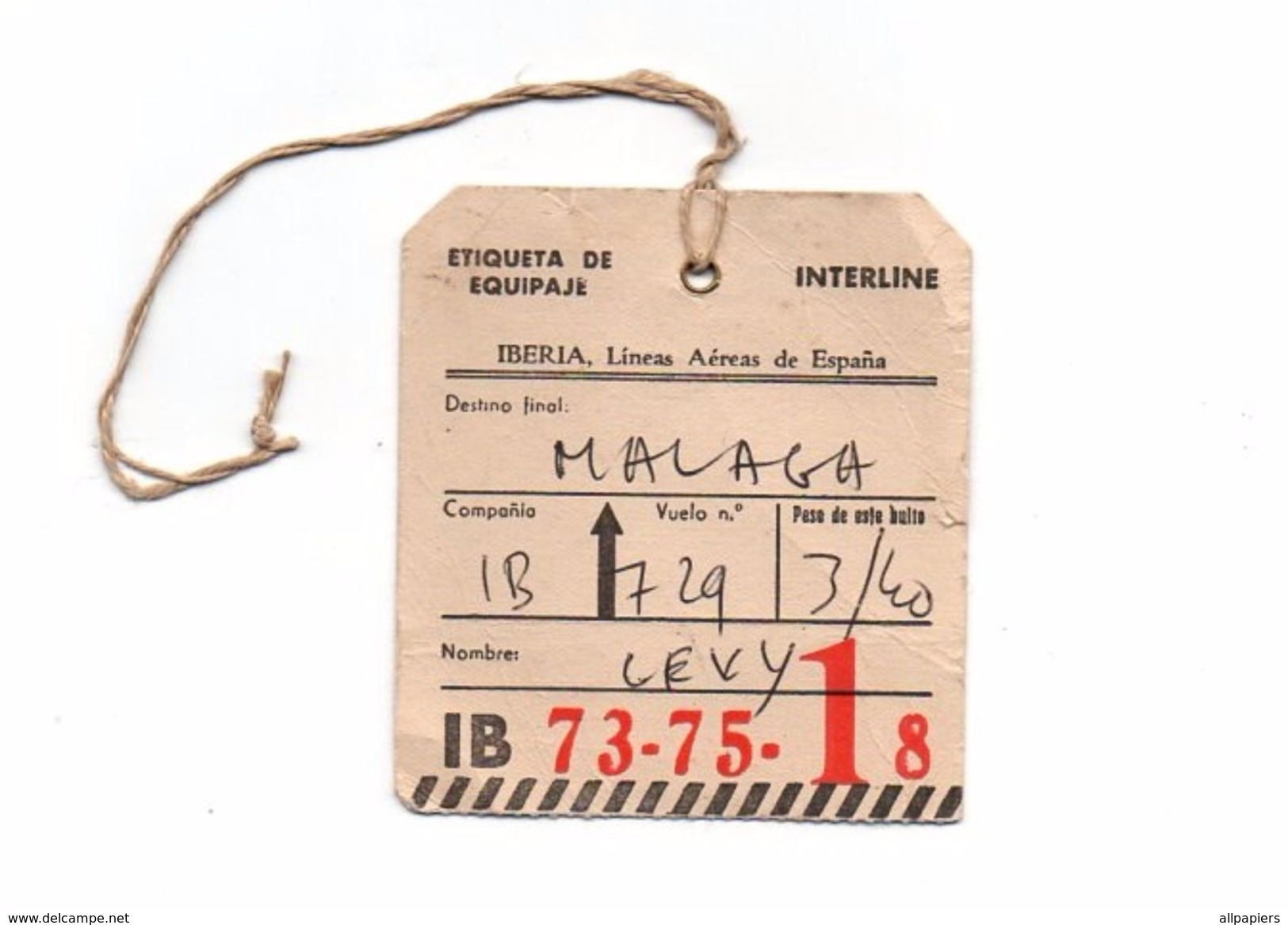 Etiqueta De Equipaje Iberia Interline Malaga IB 73-75-18 Madrid IB 729 Avec Ficelle D'attache - Aufklebschilder Und Gepäckbeschriftung