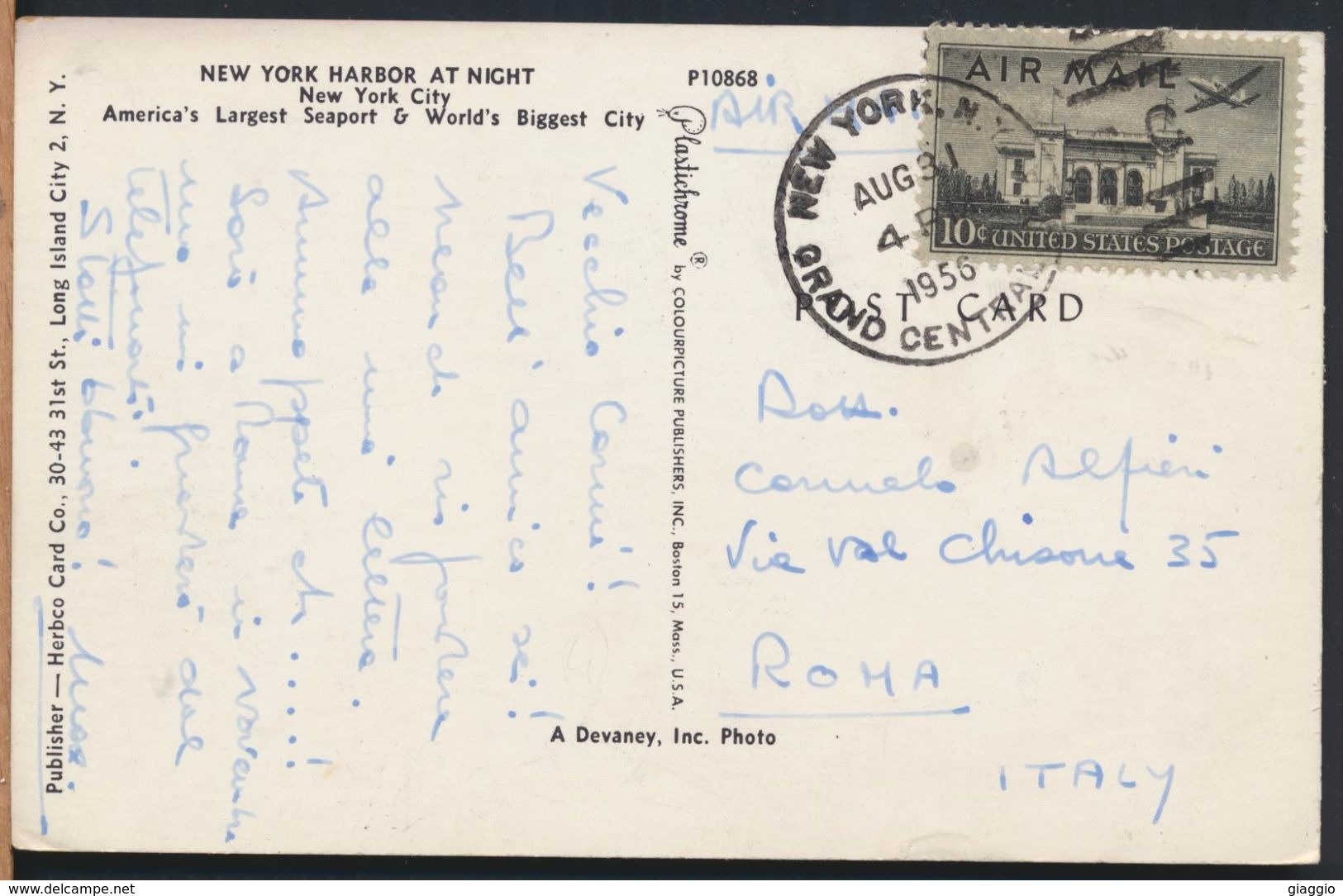 °°° 7766 - NY - NEW YORK HARBOR AT NIGHT - 1956 With Stamps °°° - Panoramic Views