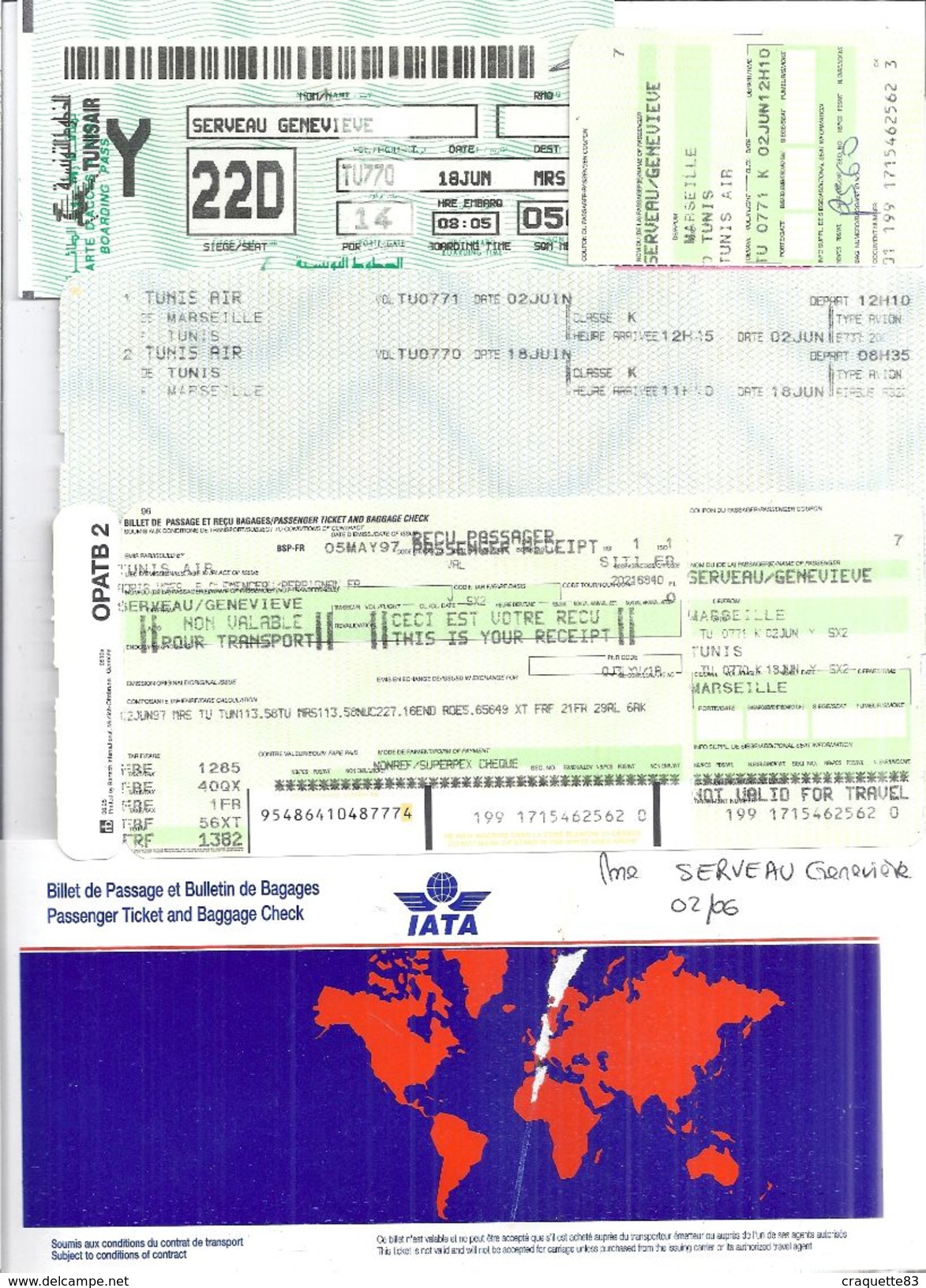 IATA  BILLET DE PASSAGE ET BULLETIN DE BAGAGES  1997 MARSEILLE  TUNIS - Mondo