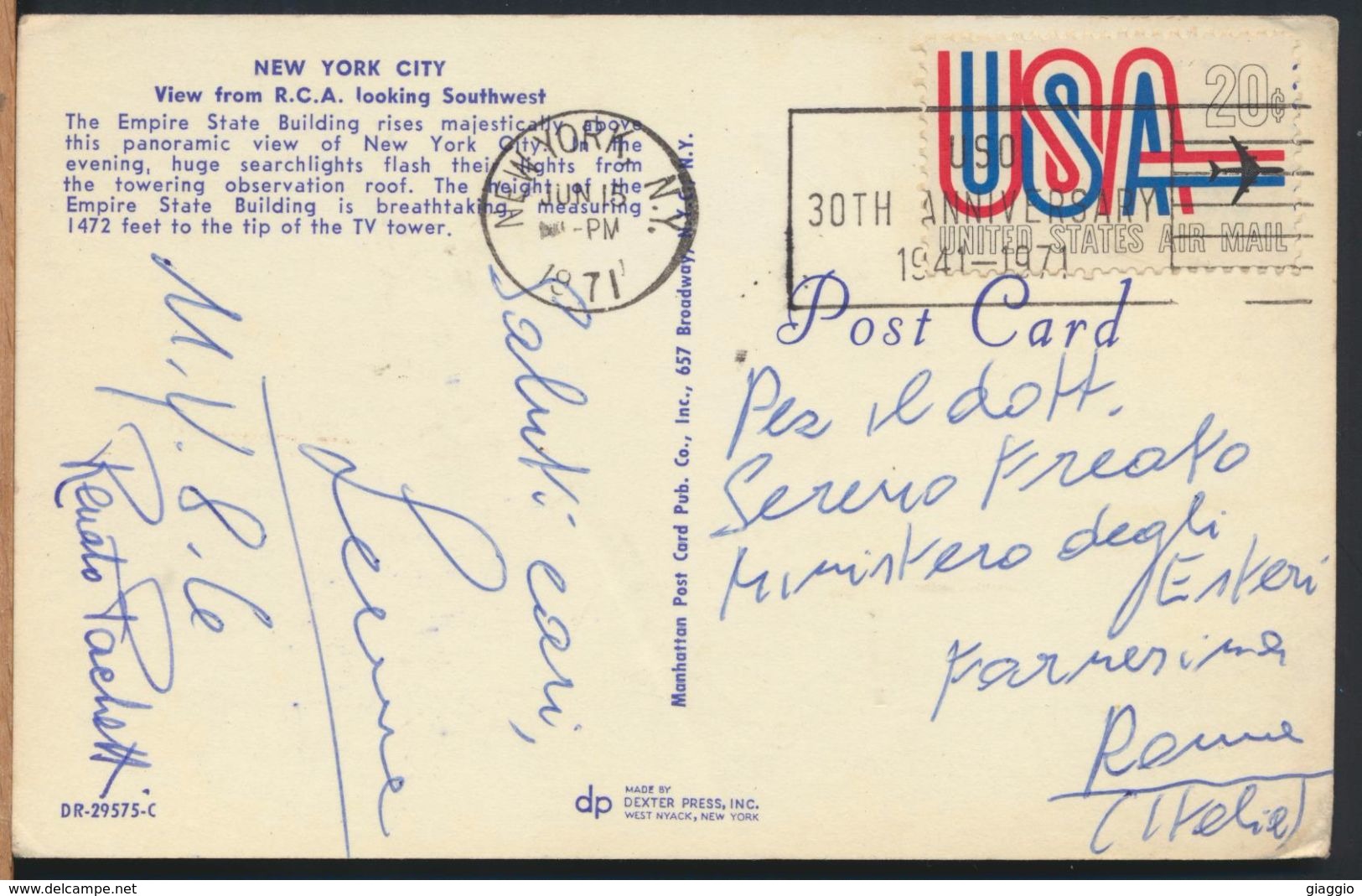 °°° 7813 - NY - NEW YORK - VIEW FROM R.C.A. LOOKING SOUTHWEST - 1971 With Stamps °°° - Panoramic Views