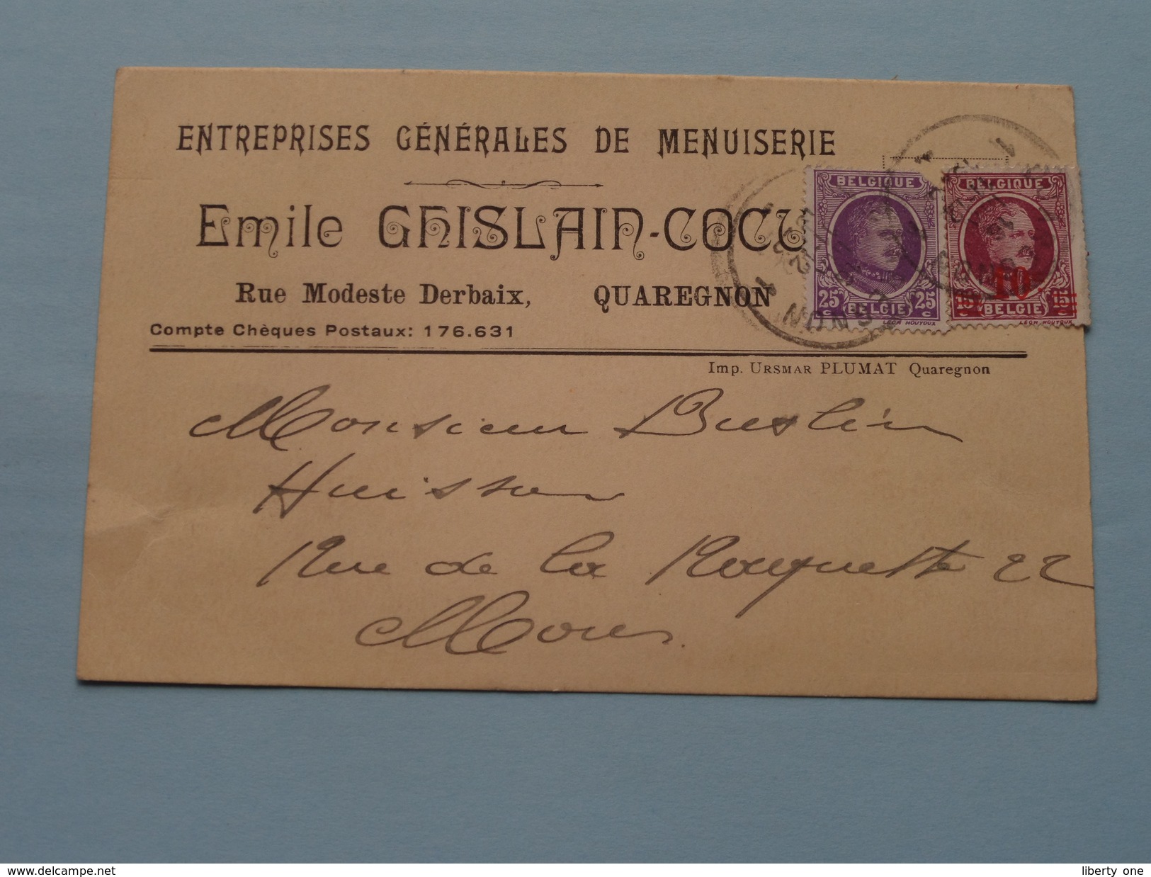 Emile GHISLAIN-COCU Entr. Générales De Menuiserie () Anno 1928 ( Zie/voir Foto Voor Details ) Briefkaart ! - Quaregnon