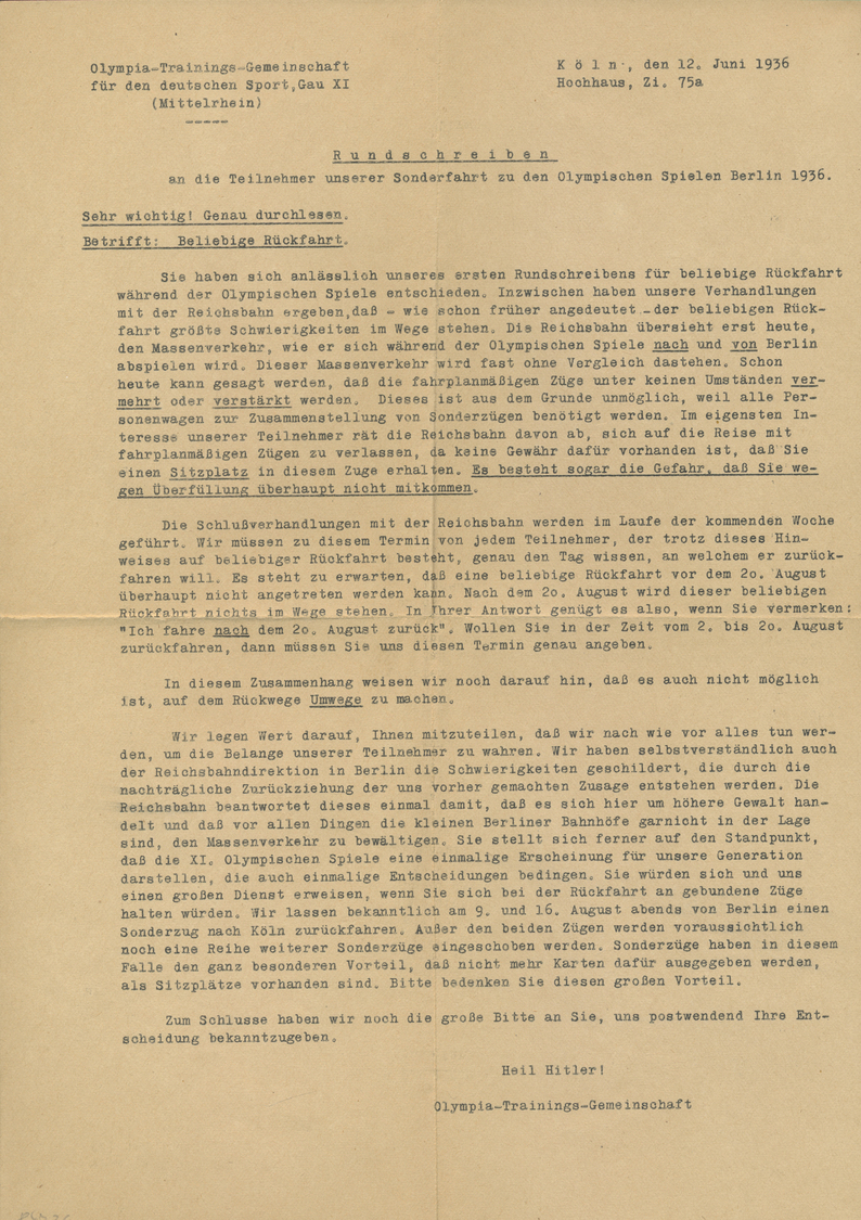 Br Thematik: Olympische Spiele / Olympic Games: 1936 Deutsches Reich: Vordruckbrief "Olympia-Trainings-Gemeinschaft Für  - Other & Unclassified