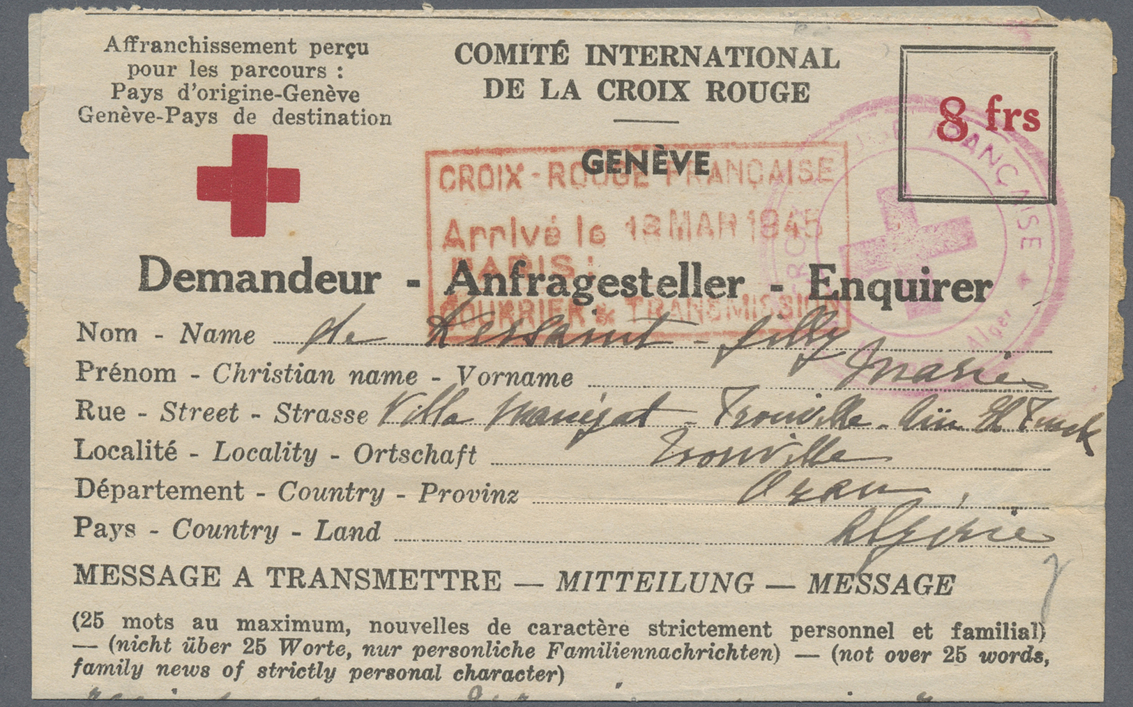 GA Thematik: Rotes Kreuz / Red Cross: 1944, Drei Versch. Rot-Kreuz Stpl Und RCF Verschlußstr. Auf Nachrichtenformular (W - Croix-Rouge