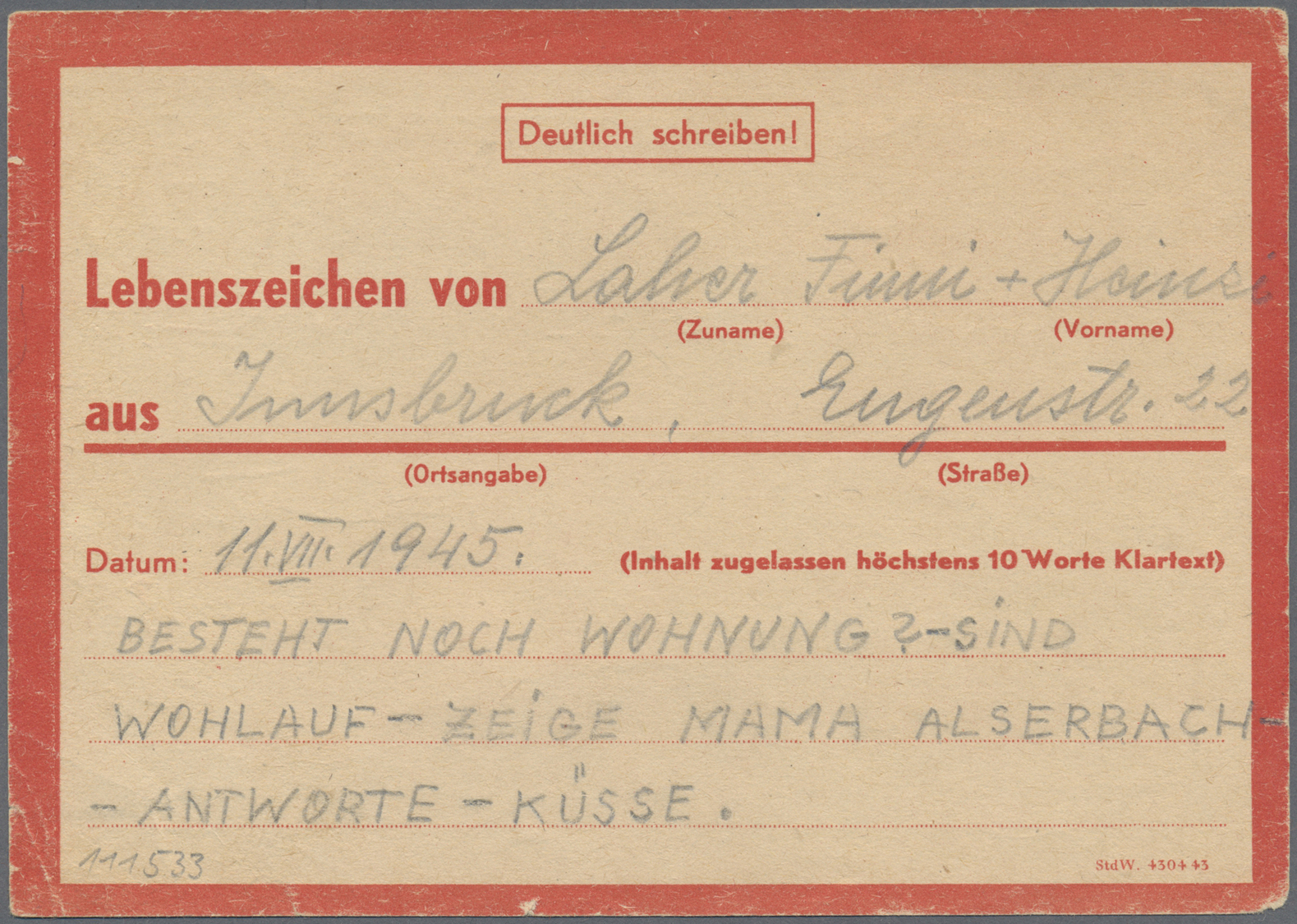 Br Thematik: Rotes Kreuz / Red Cross: 1945 Deutsches Reich Viol. L2 "Rotkreuzpost Nach Wien" Auf Eilnachrichtenkarte Ab  - Croix-Rouge