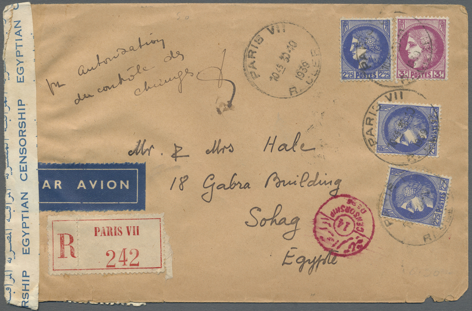 Br Ägypten: 1939, Incoming Censored Mail: France, 3 X 2,25 F And 3,00 F Ceres, Mixed Franking On Registered Airmail Cove - 1915-1921 British Protectorate