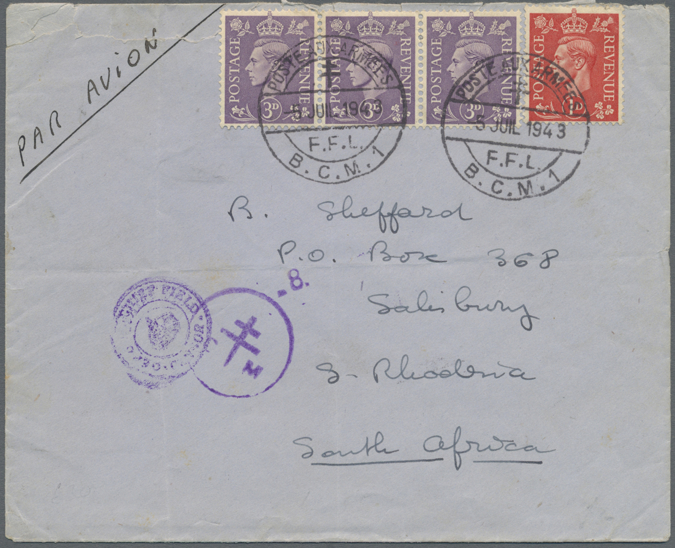 Br Ägypten: 1943. Air Mail Envelope Written From Cairo Addressed To Rhodesia Bearing Great Britain SG 486, 1d Pale Scarl - 1915-1921 British Protectorate