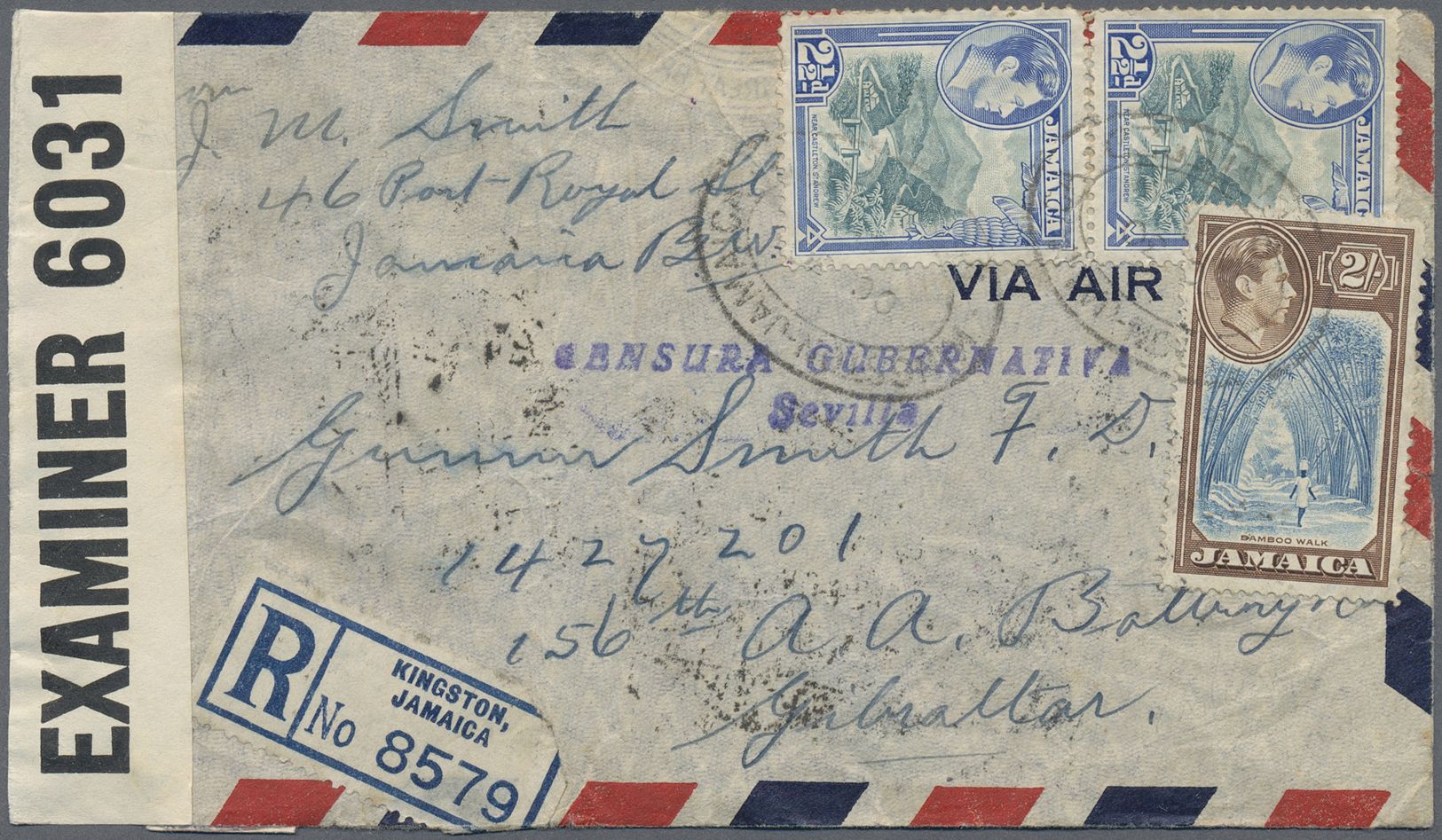 Br Jamaica: 1941. Registered Air Mail Envelope (small Faults) To Gibraltar Bearing Jamaica SG 125, 2½d Blue And Ultramar - Jamaica (1962-...)