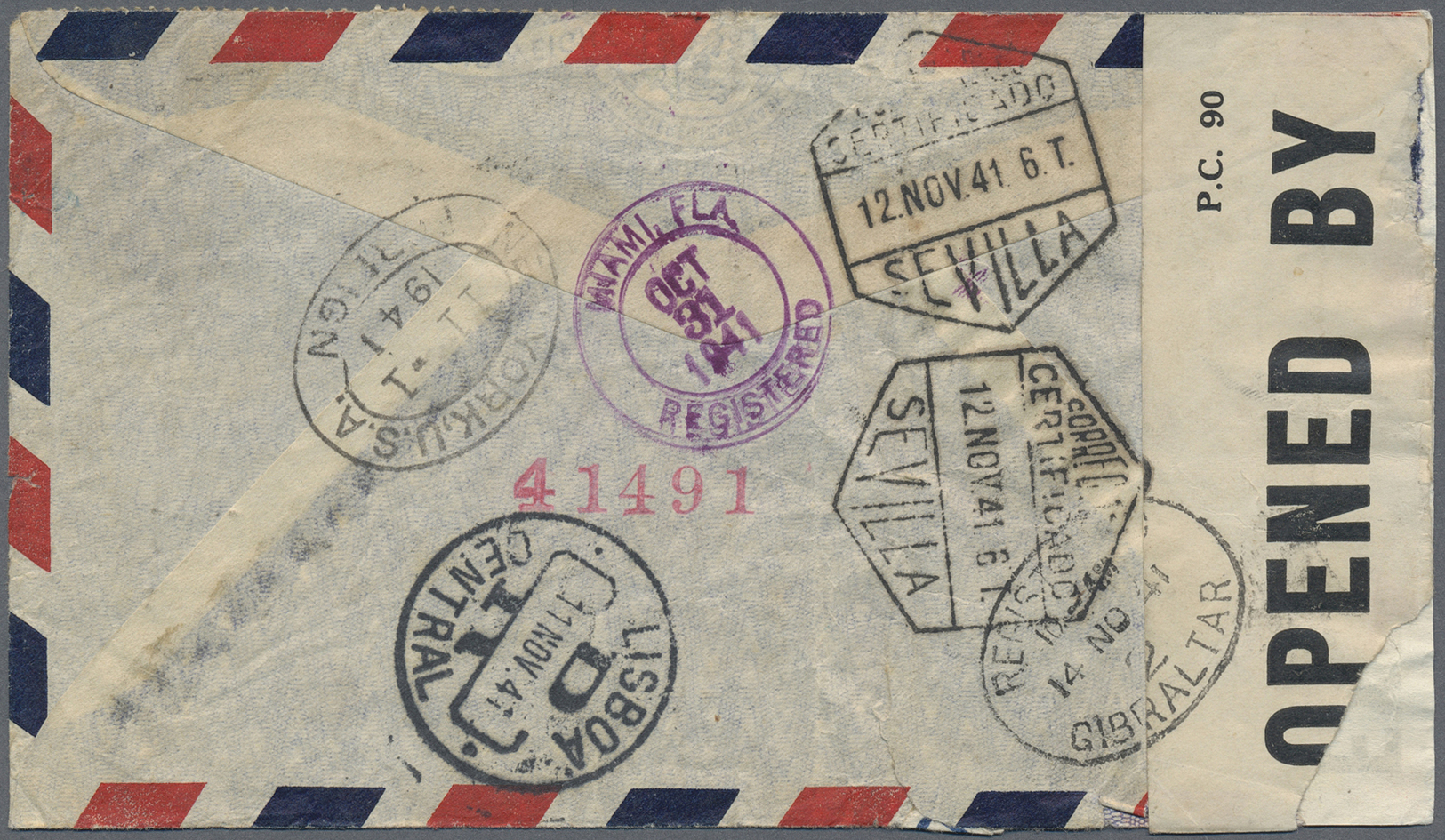 Br Jamaica: 1941. Registered Air Mail Envelope (small Faults) To Gibraltar Bearing Jamaica SG 125, 2½d Blue And Ultramar - Jamaica (1962-...)