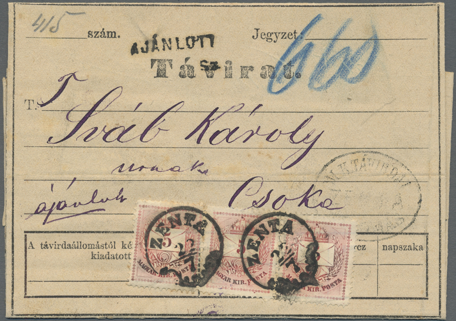 Br Ungarn: 1874, 5 K. Red, Horizontal Strip Of Three, Tied By Clear Cds. "ZENTA 22.7.(76)" To Registered Telegram - Covers & Documents