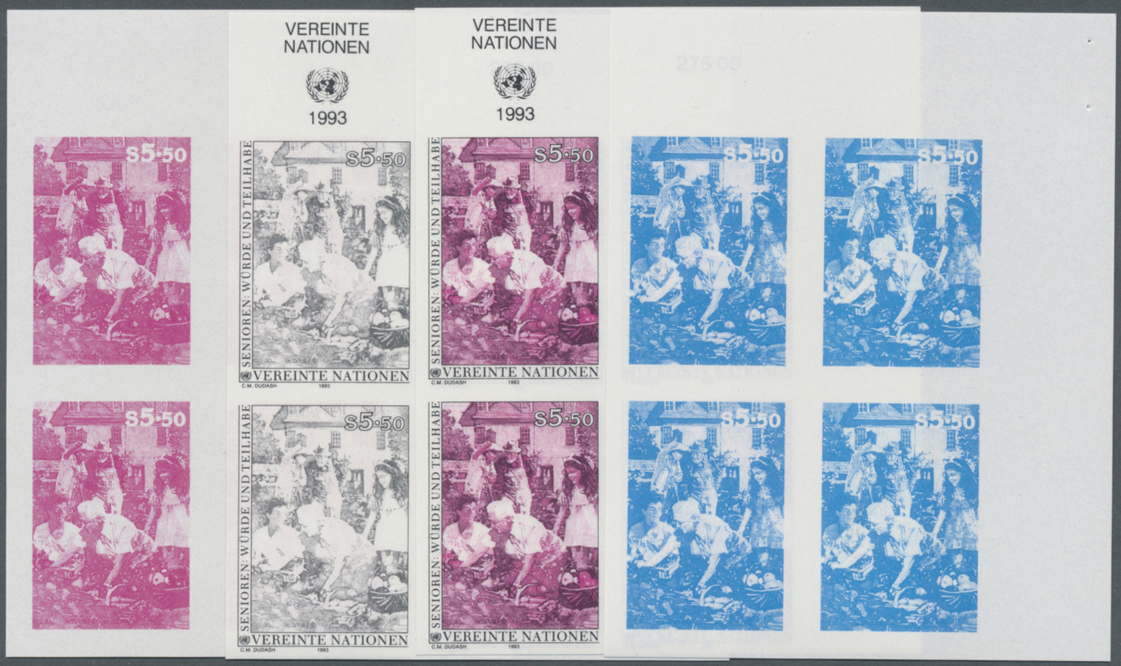 ** Vereinte Nationen - Wien: 1993. Progressive Proof (7 Phases) In Corner Blocks Of 4  For The 5.5s Value Of The - Unused Stamps