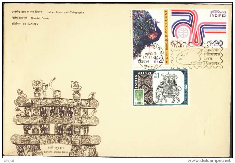 BIRDS-PEACOCK-INDIPEX 73-FDC-STAMP DESIOGNER'S DAY CANCEL-INDIA-1973-IC-32 - Paons