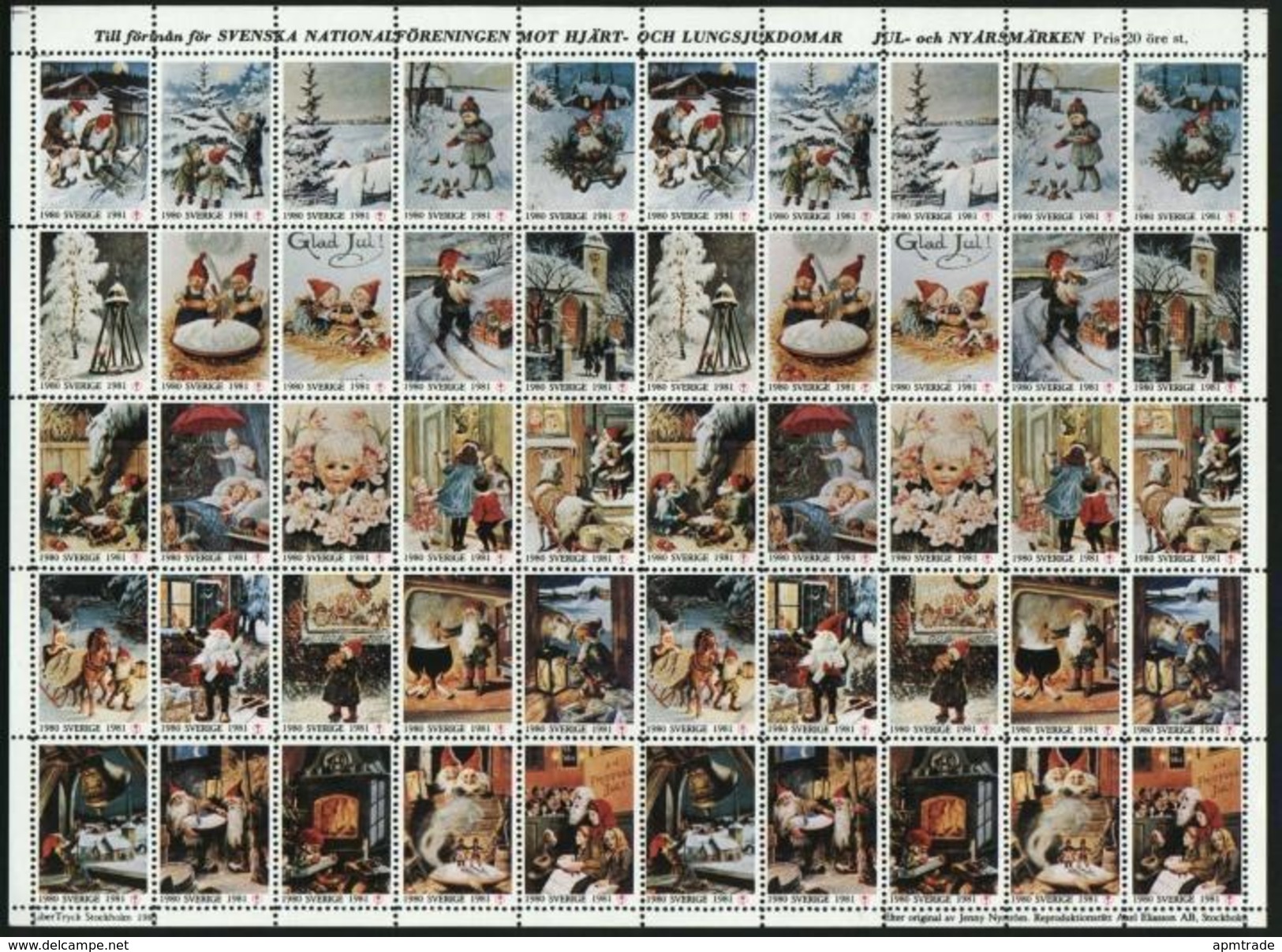 Sweden Christmas Seal 1980/81 Mnh Full Sheet  Folded. Artist Jenny Nystrom - Feuilles Complètes Et Multiples