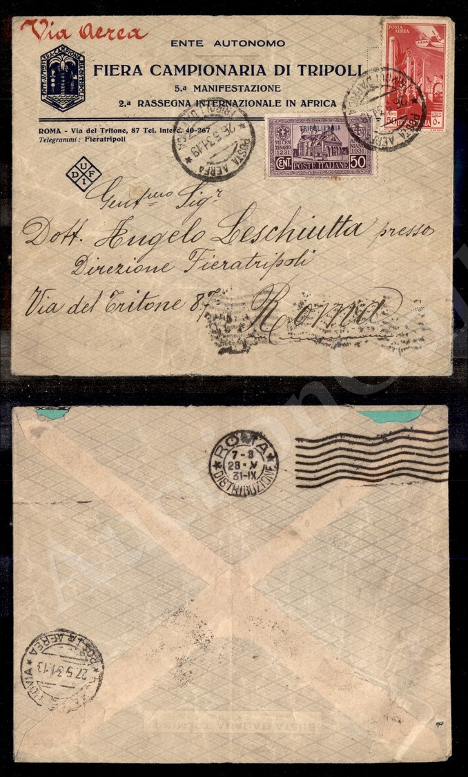 1098 Posta Aerea Tripoli D’Africa 26.5.31 (p.ti 10) - Busta Ufficiale Dell’Ente Fiera Affrancata (90+9 Aerea - Tripolita - Sonstige & Ohne Zuordnung