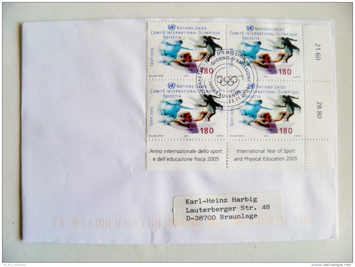 Cover UN Year Of Sports 2005 2004 Special Cancel Fdc Lausanne Football Helvetia Geneve Block Of 4 - Briefe U. Dokumente