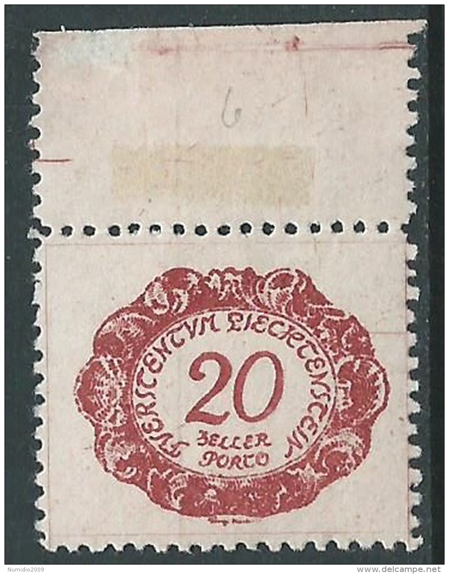 1920 LIECHTENSTEIN SEGNATASSE 20 H VARIETà LINEA ESTERNA A DESTRA MNH ** - R30-3 - Varietà