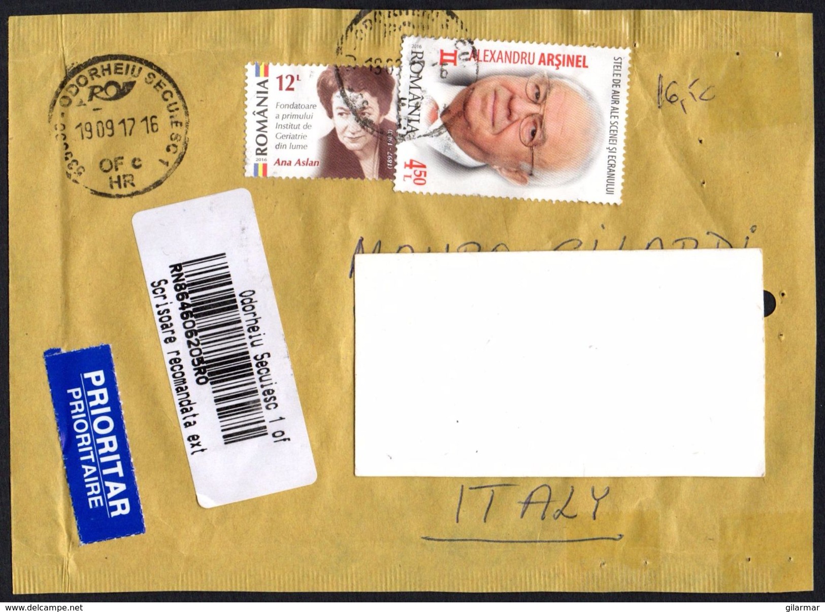 ROMANIA 2017 - REGISTERED ENVELOPE - FRONT COVER - MOVIE: ALEXANDRU ARSINEL / PHYSICIANS: ANA ASLAN - Lettres & Documents