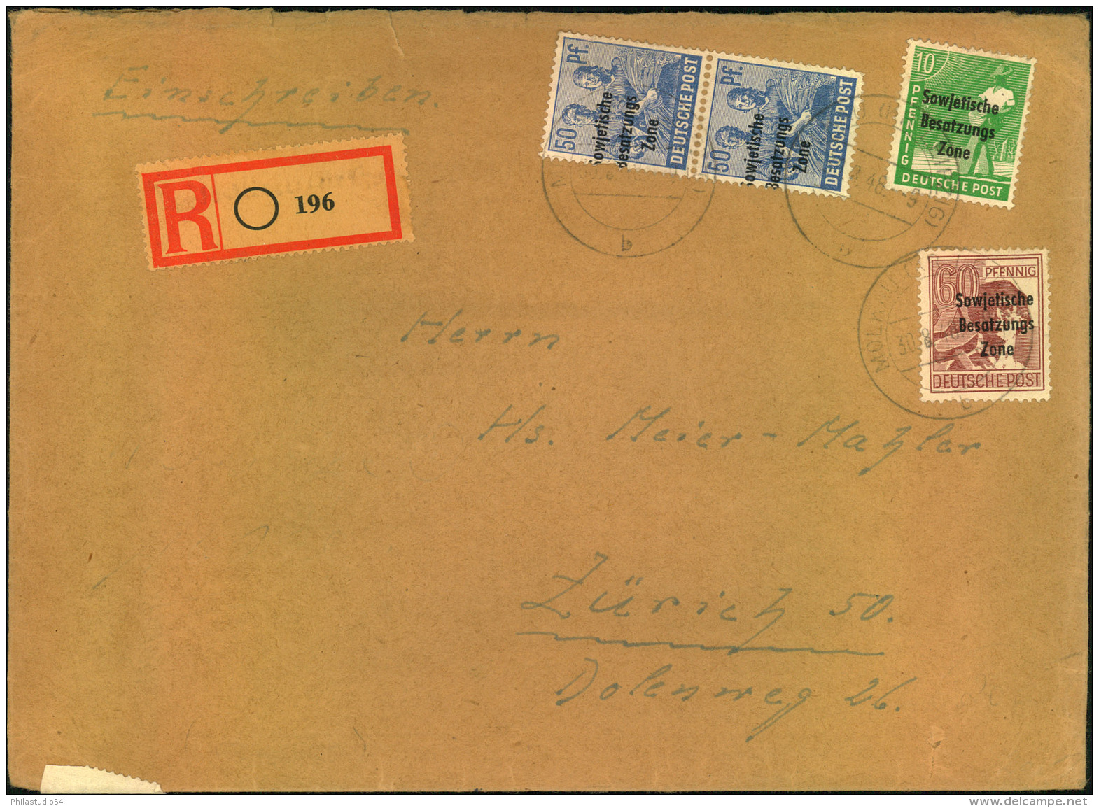 1949, Portogerechtes Einschreiben 41-60 Gramm Ab ""Â… (BZ. LEIPZIG)"" Nach Zürich. - Local Post Stamps