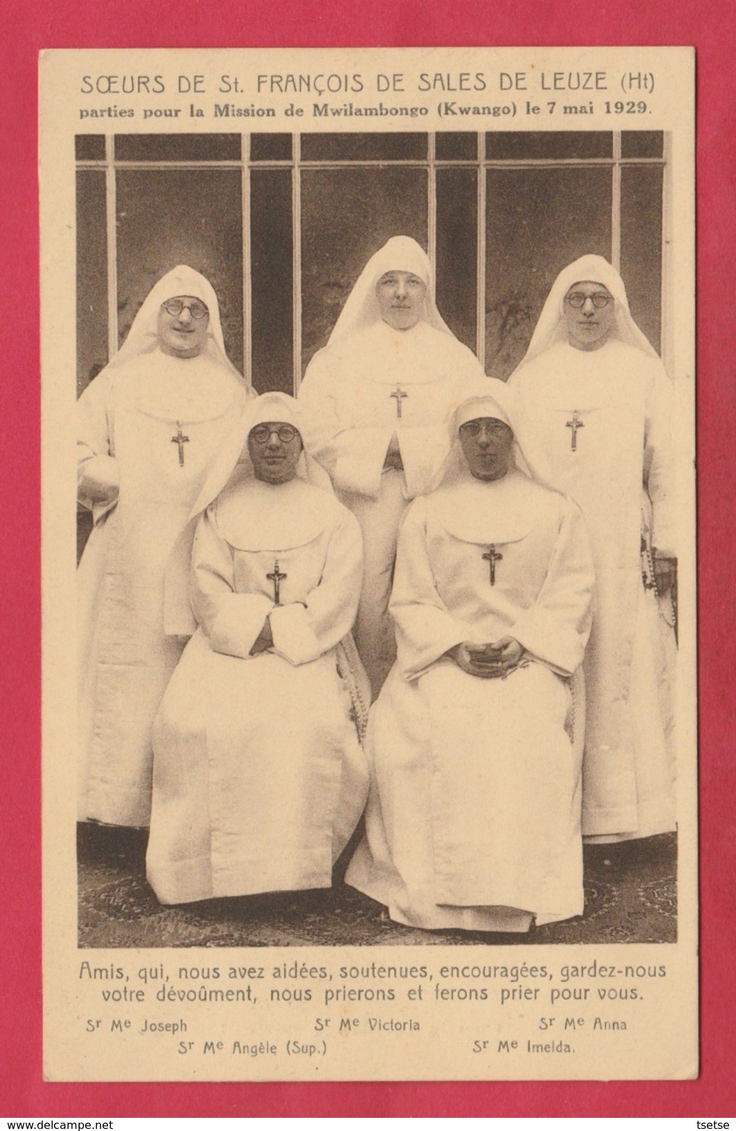 Leuze - Soeurs De St. Françoise De Salles En Mission De Mwilambogo ( Kwango, Congo ) , 7 Mai 1929 - Leuze-en-Hainaut