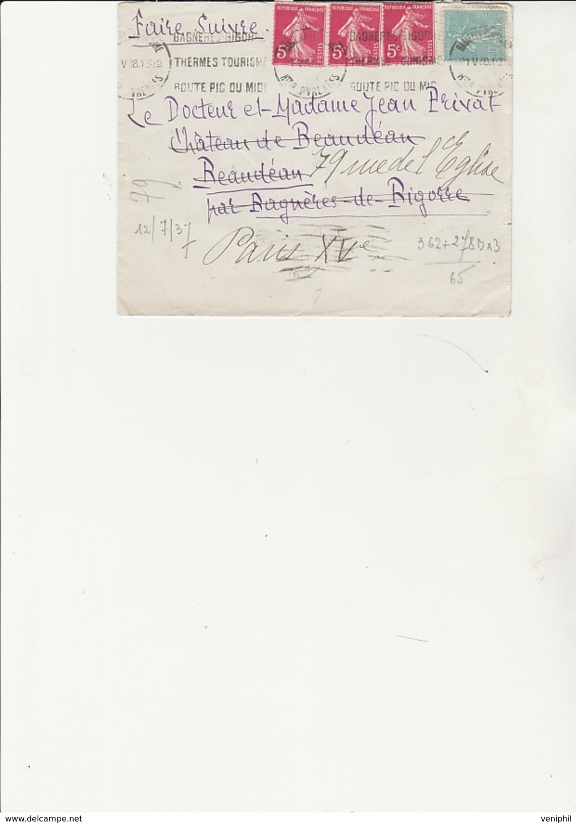 LETTRE AFFRANCHIE N° 278  B X3 + N° 362  0BLIT FLAMME  BANERES DE BIGORRE - THERMES TOURISME -ROUTE PIC DU MIDI - 1938 - 1921-1960: Periodo Moderno