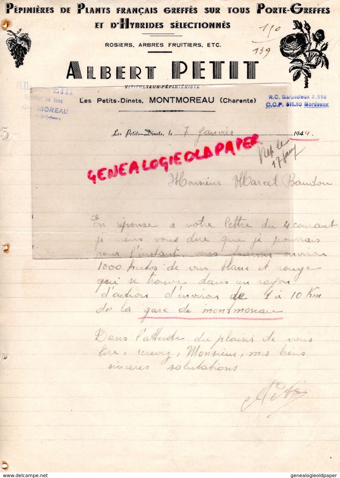 16 -MONTMOREAU-LES PETITS DINETS-LETTRE MANUSCRITE SIGNEE ALBERT PETIT-PEPINIERES-PEPINIERISTE VITICULTEUR -HORTICULTURE - Agricultura