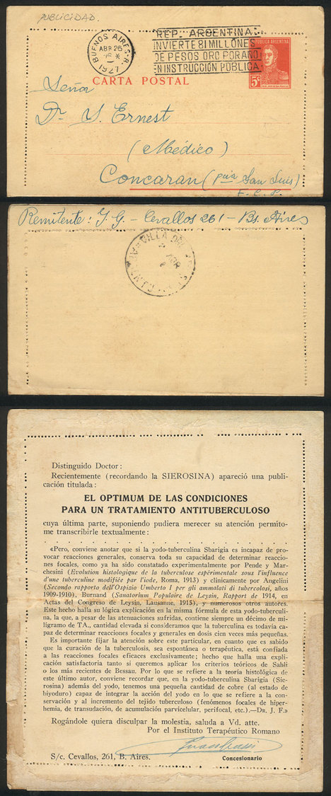 ARGENTINA 5c. San Martín Lettercard With Printed Advertising Inside For MEDICINE - Altri & Non Classificati