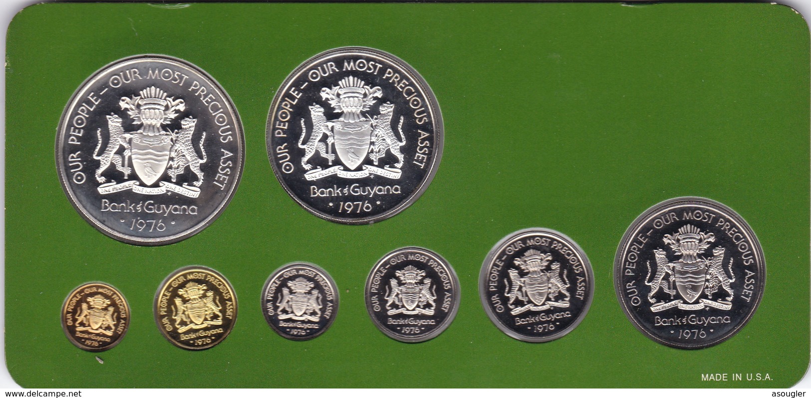 Guyana 1976 Proof Set 8 Coins Up To 5 & 10 Dollars Cased + COA (free Shipping Via Registered Air Mail) - Guyana