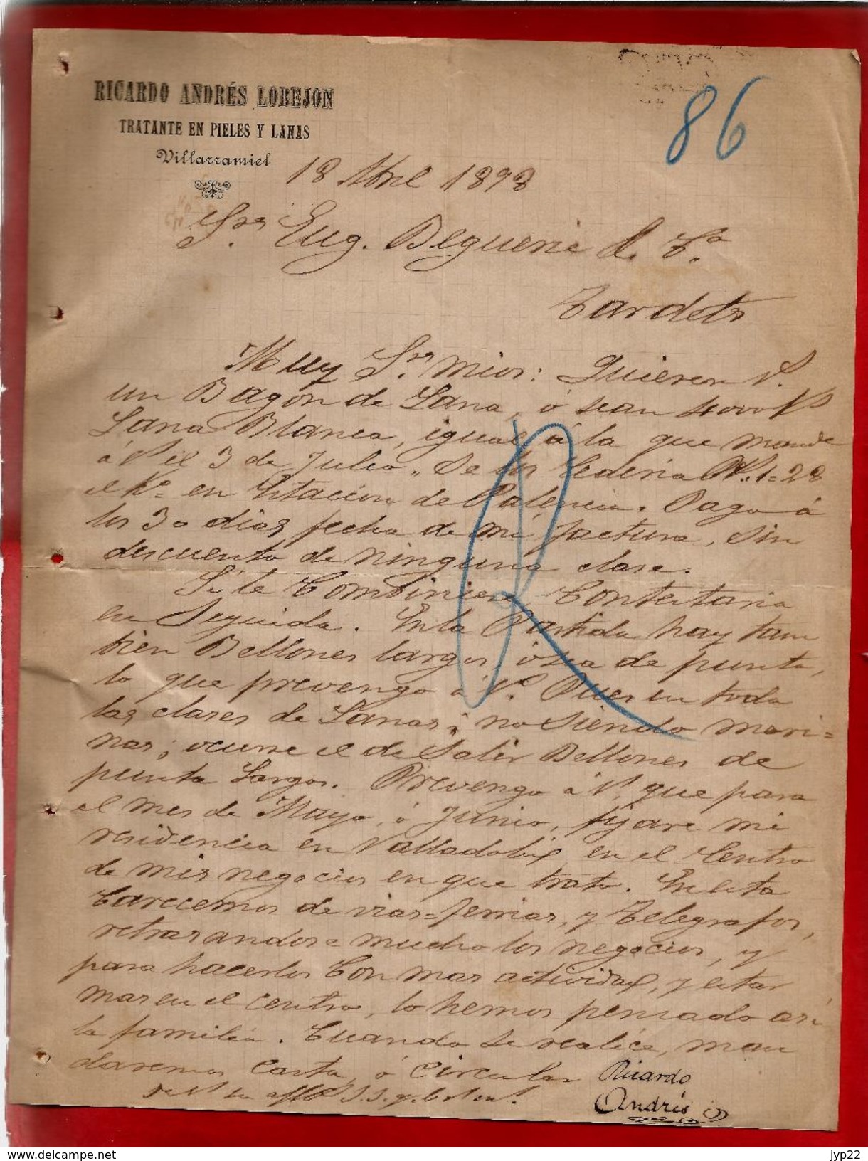 Courrier Espagne Ricardo Andrés Lobejon Villarramiel 18-04-1898 - écrit En Espagnol - Pieles Y Lanas Laine - Spain