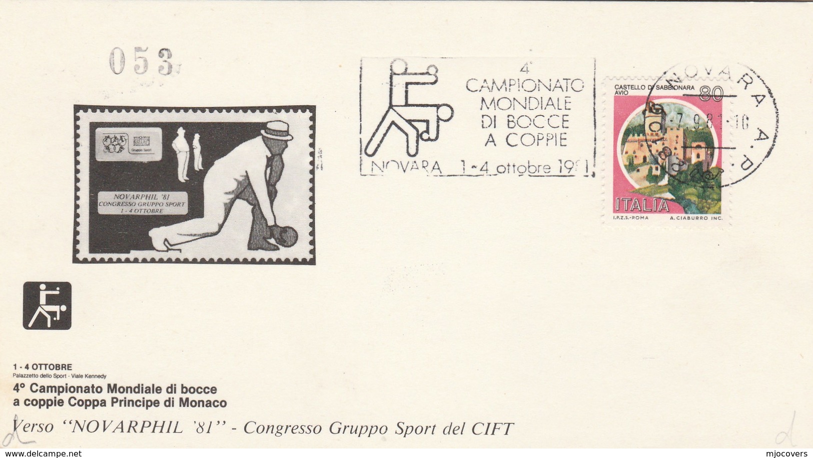 1981 ITALY World PAIR BOWLS CHAMPIONSHIP EVENT COVER  Card Sport Stamps Bowling - Boule/Pétanque