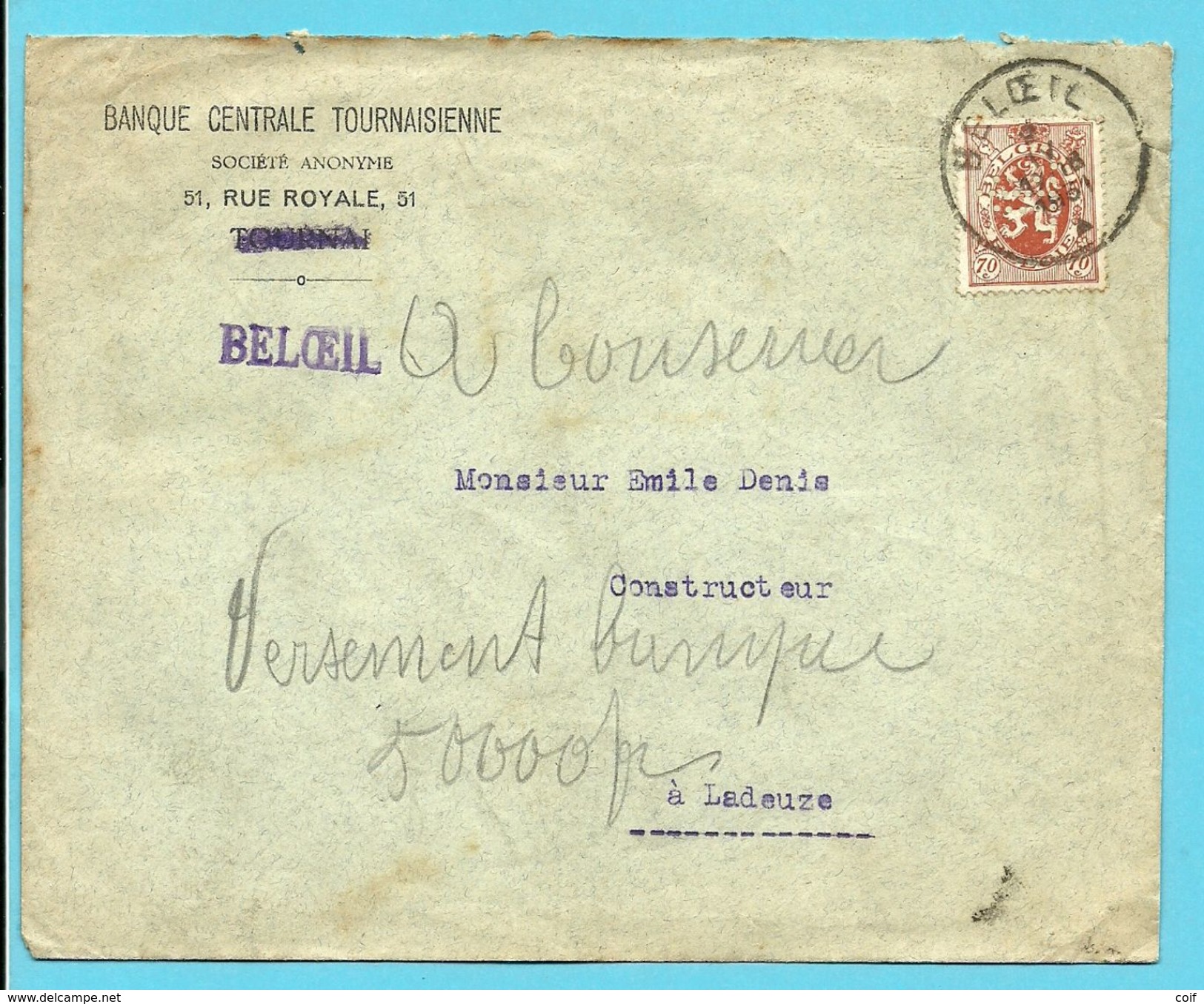 287 Op Brief Stempel BELOEIL Met Firmaperforatie (perfin) "TC" Van Banque Centrale Tournaisienne , Verso Vignet PHILIPS - 1909-34