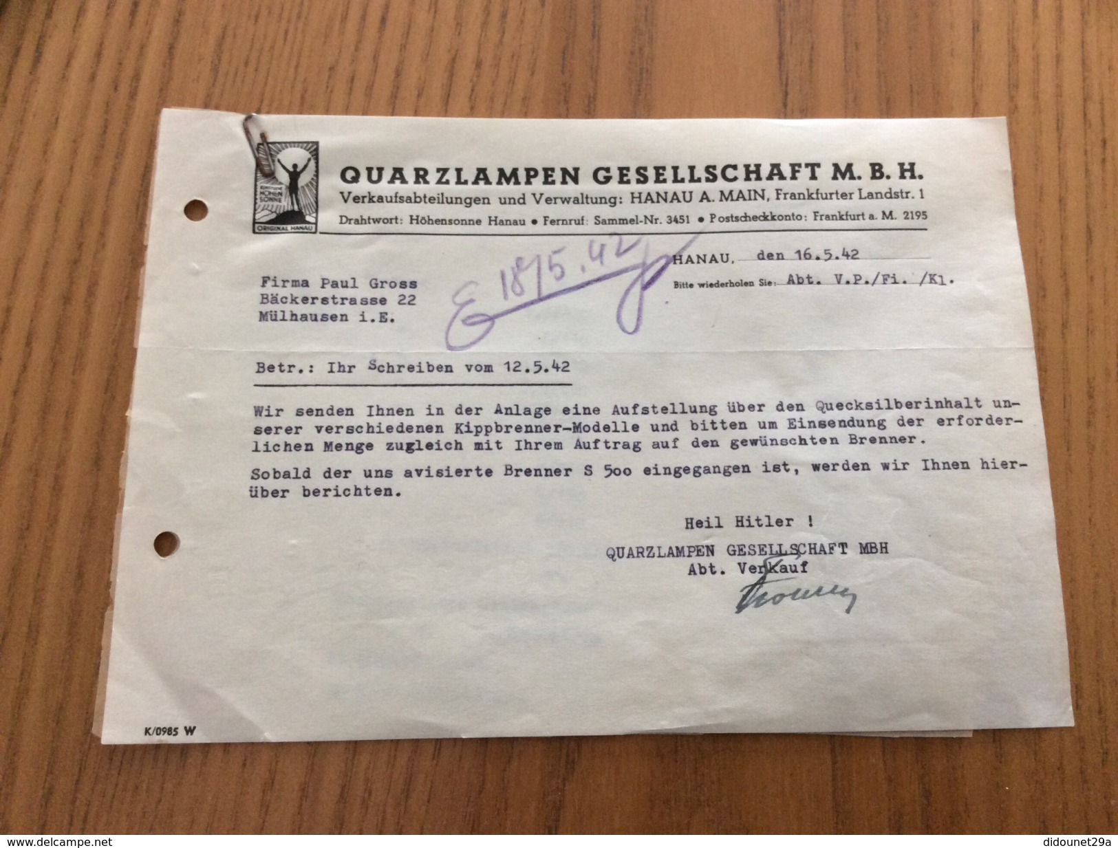 Bon De Commande Allemagne 1942 "QUARZLAMPEN GESELLSCHAFT M.B.H - HANAU" (brûleurs - "Heil Hitler") - 1900 – 1949