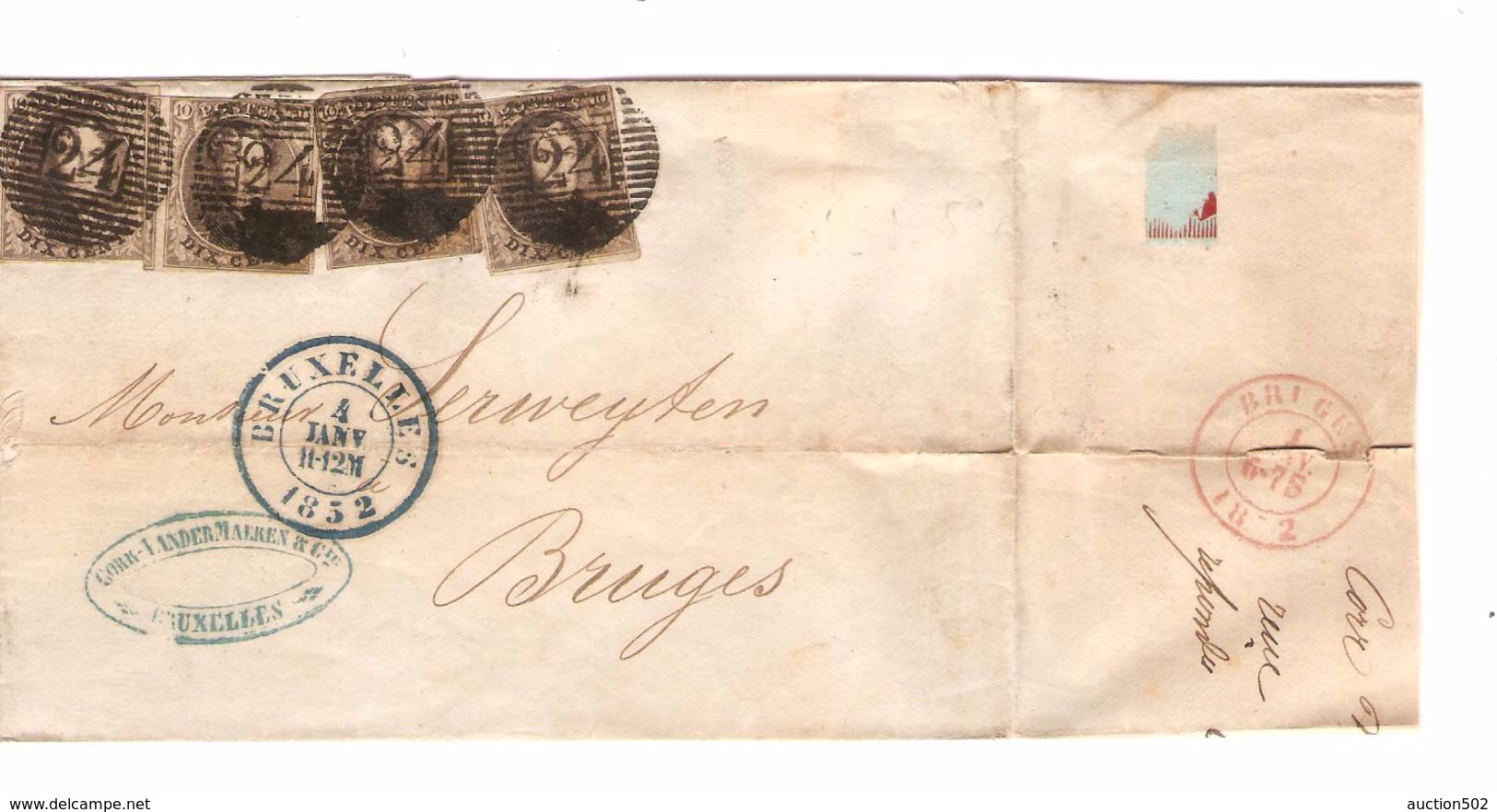 TP 6(4) S/LSC Obl.P.24 C.Bruxelles 4/1/1852 V.Bruges C.d'arrivée PR4757 - Postmarks - Lines: Perceptions