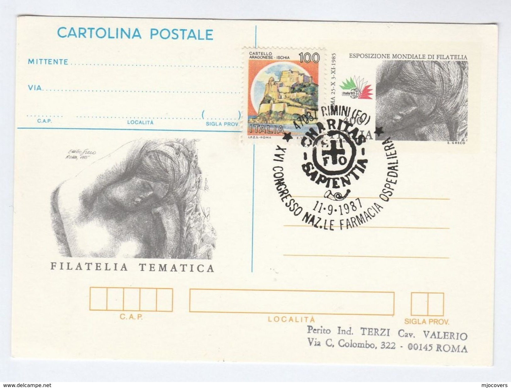 1987 RIMINI Charitas Sapientian HOSPITAL PHARMACY  EVENT Postal STATIONERY CARD Italy Cover Health Medicine Stamps - Apotheek