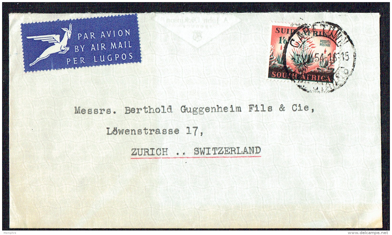1954 Air Mail Letter To Switzerland  1/6 Aloes SG 148 - Lettres & Documents