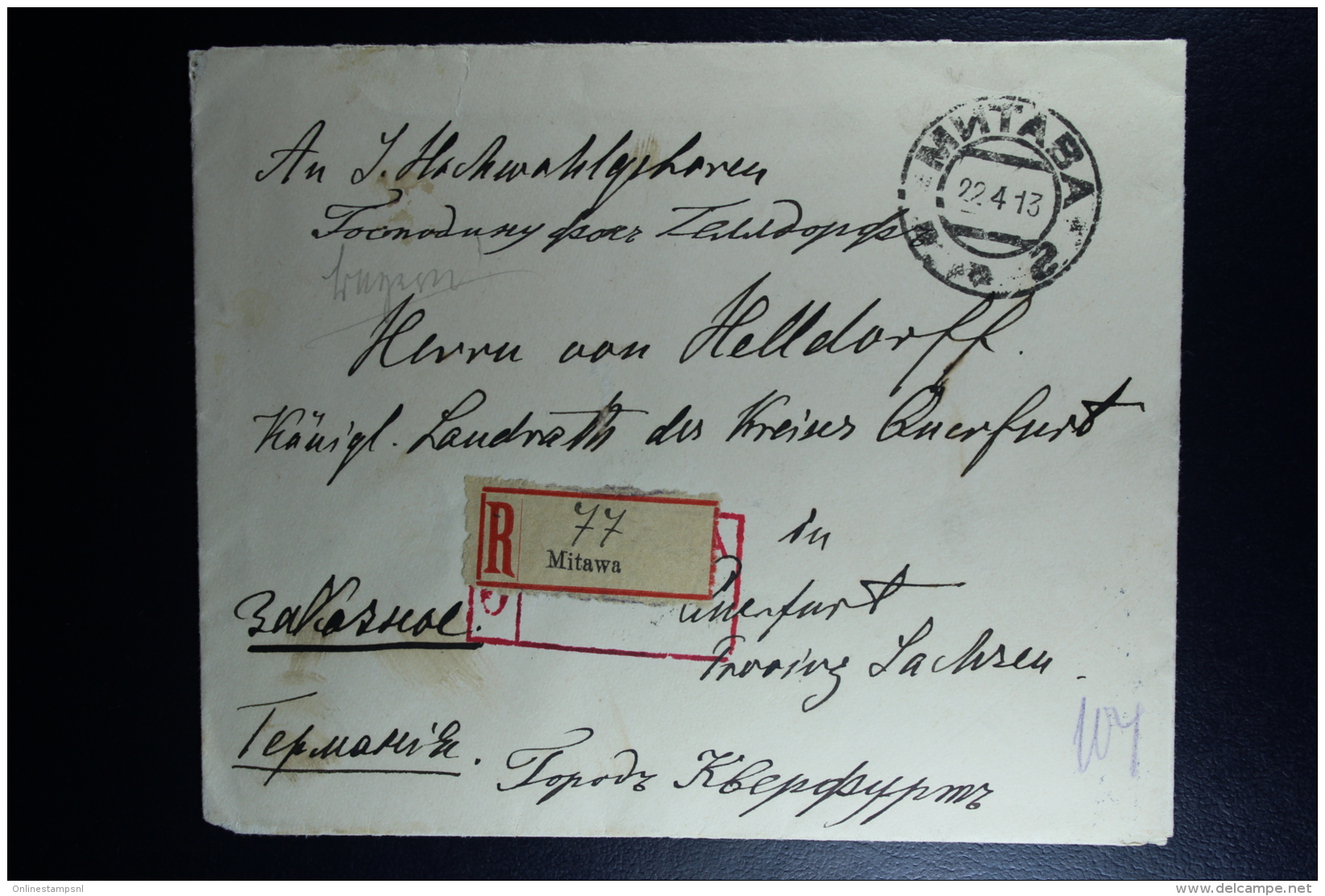 Russian Latvia : Registered Cover 1913 Kurland Mitau Jelgava Mntaba Querfurt Mixed Stamps - Storia Postale