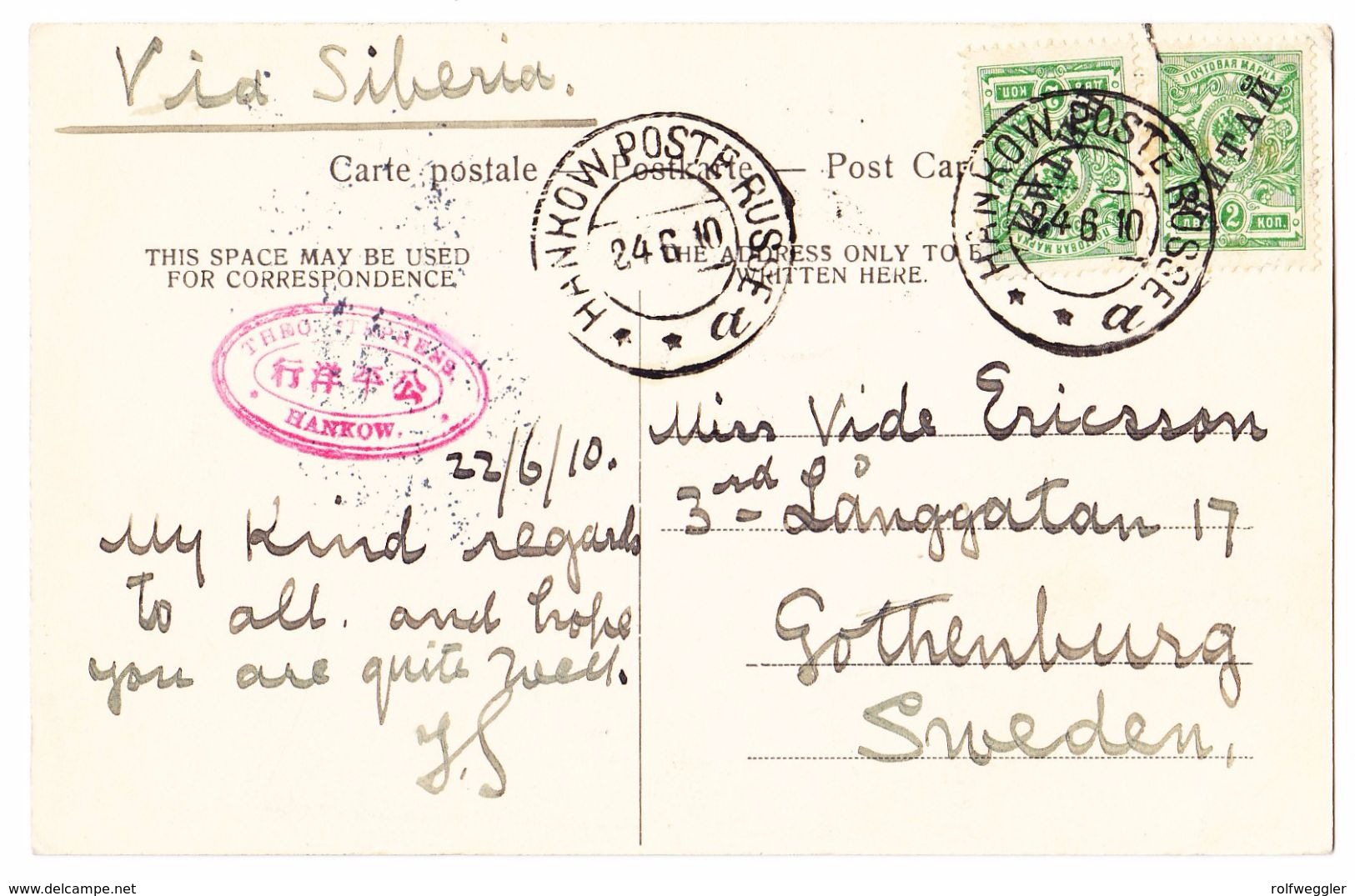 1910 AK Von Hankow Nach Götheborg Schweden Russische Post: Hankow Post Russe - Covers & Documents