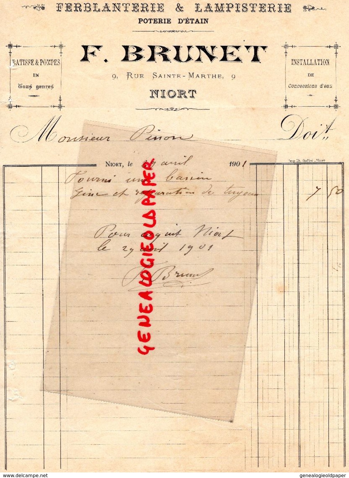 79 - NIORT - FACTURE F. BRUNET-FERBLANTERIE LAMPISTERIE-POTERIE D' ETAIN- 9 RUE SAINTE MARTHE-1901 - Straßenhandel Und Kleingewerbe