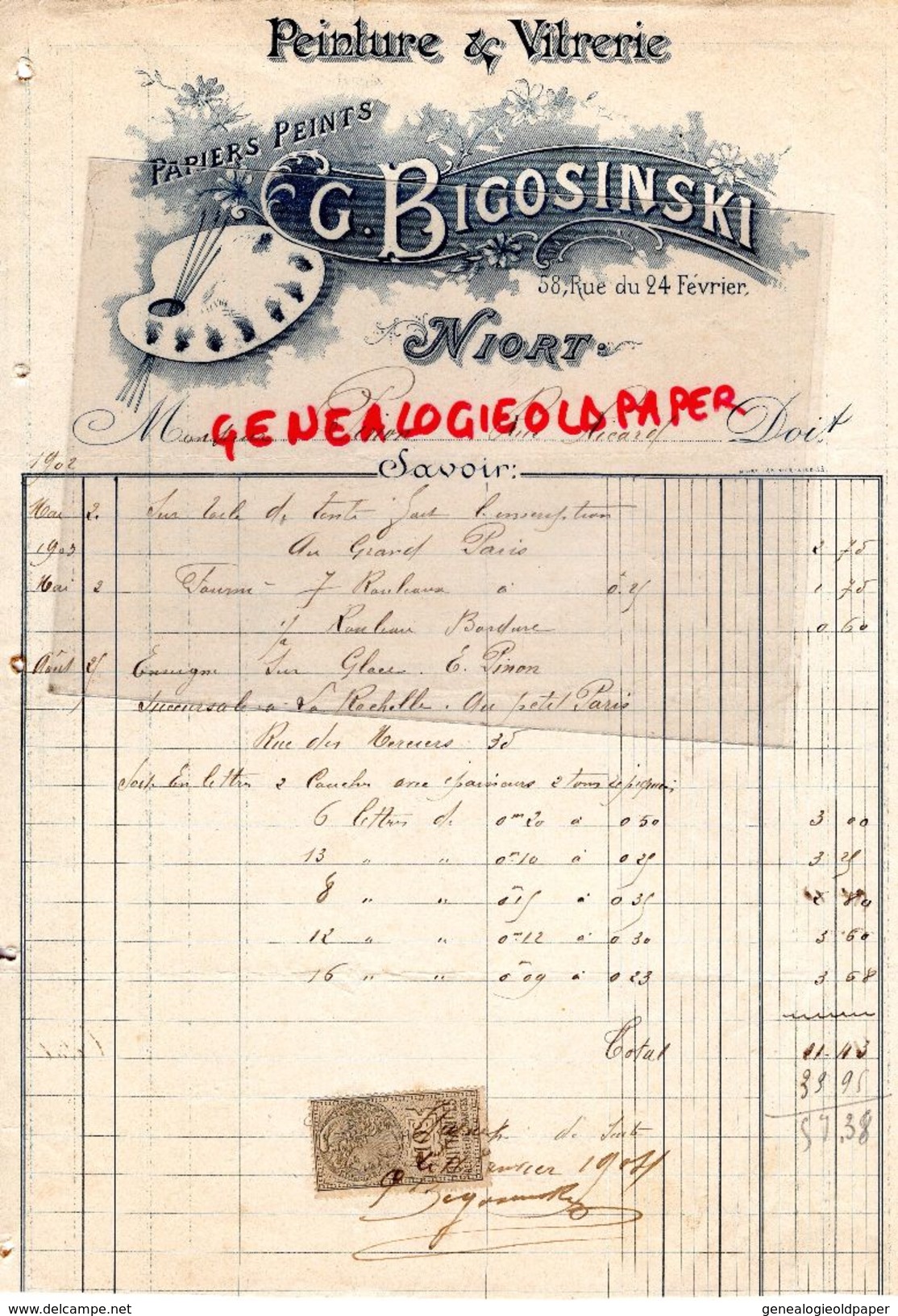 79- NIORT- FACTURE G. BIGOSINSKI- PEINTRE VITRIER- PEINTURE VITRERIE- 58 RUE DU 24 FEVRIER- 1902 - Cars